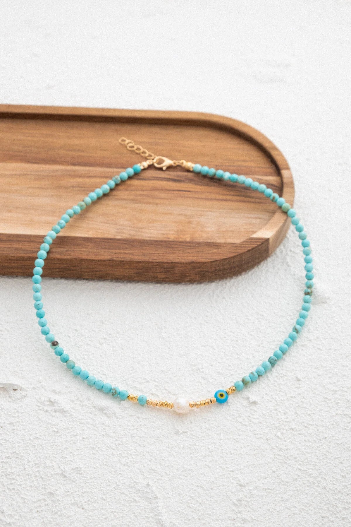 Deniz Serenite Doğal Taş Kolye Turkuaz ve İnci Taş Kolye 40cm