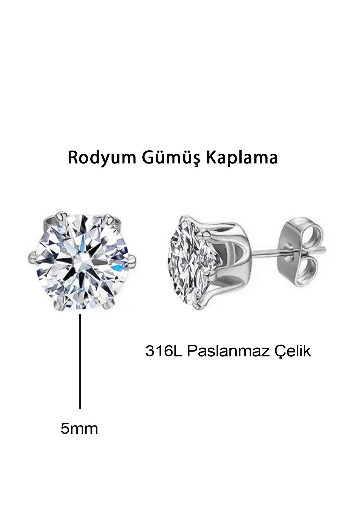 Çelik Tek Taş Küpe 18K Altın Kaplama Tek Taşlı Paslanmaz Çelik Küpe 5mm Gümüş Kaplama