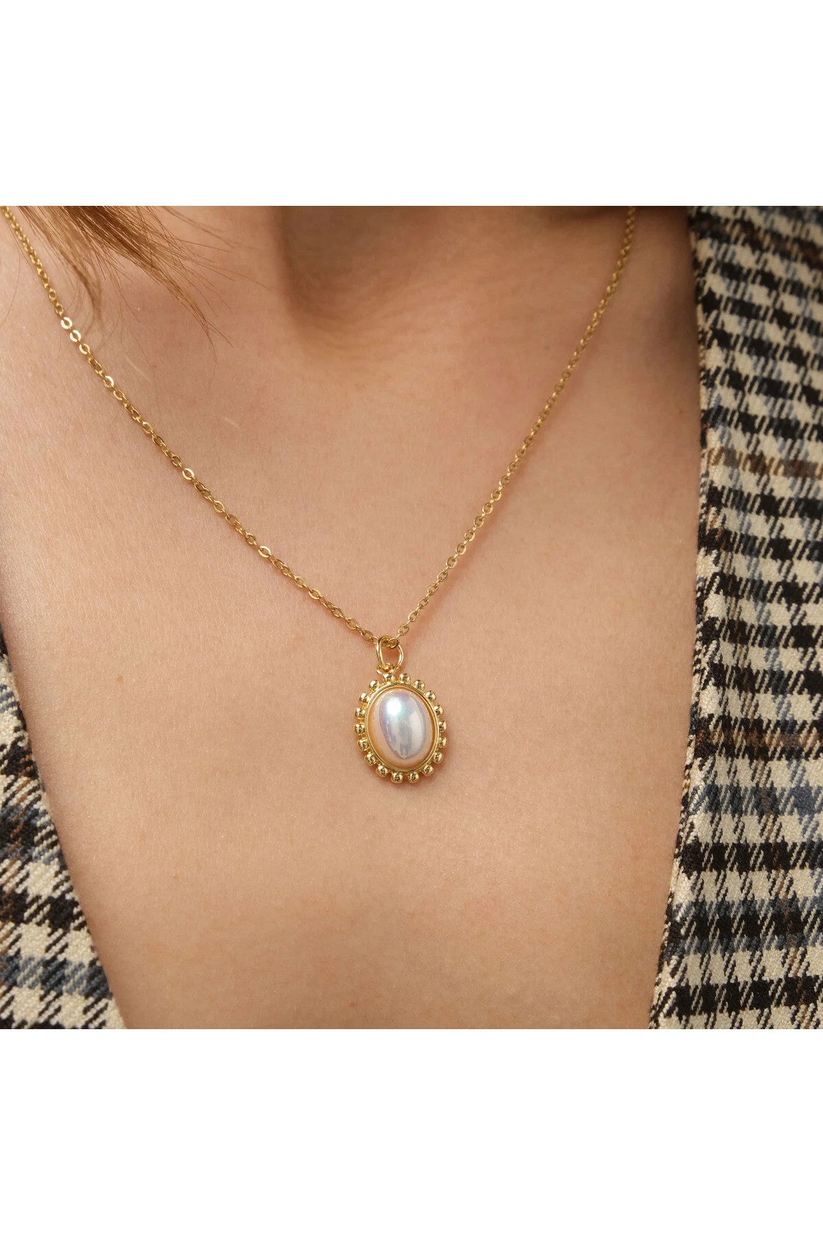 Çelik İnci Taş Kolye Kararmaz Minimal Zarif İnci Kolye