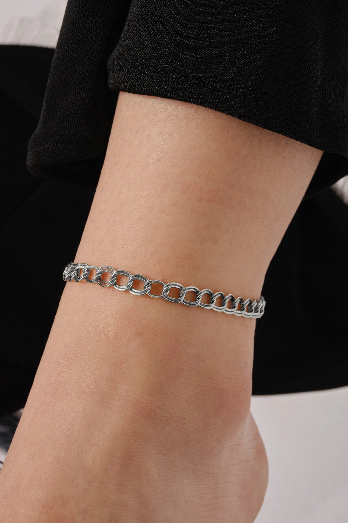 Çelik Çift Halkalı Zincir Halhal Kalın İç İçe Geçmeli Zincir Kararmaz 7mm 22cm+4cm