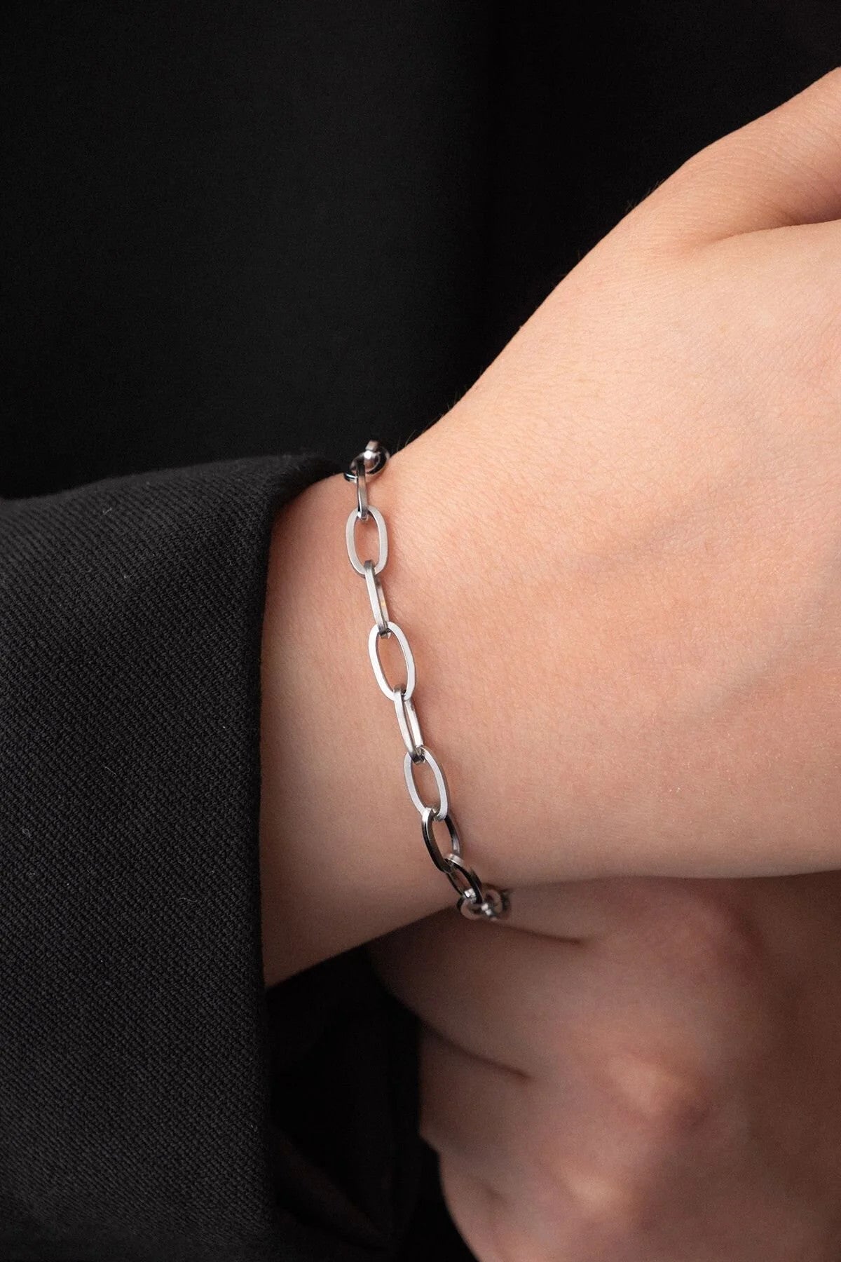 Çelik Kalın Ataç Bileklik Oval Zincir Kararmaz 5mm 17cm+4cm&21cm