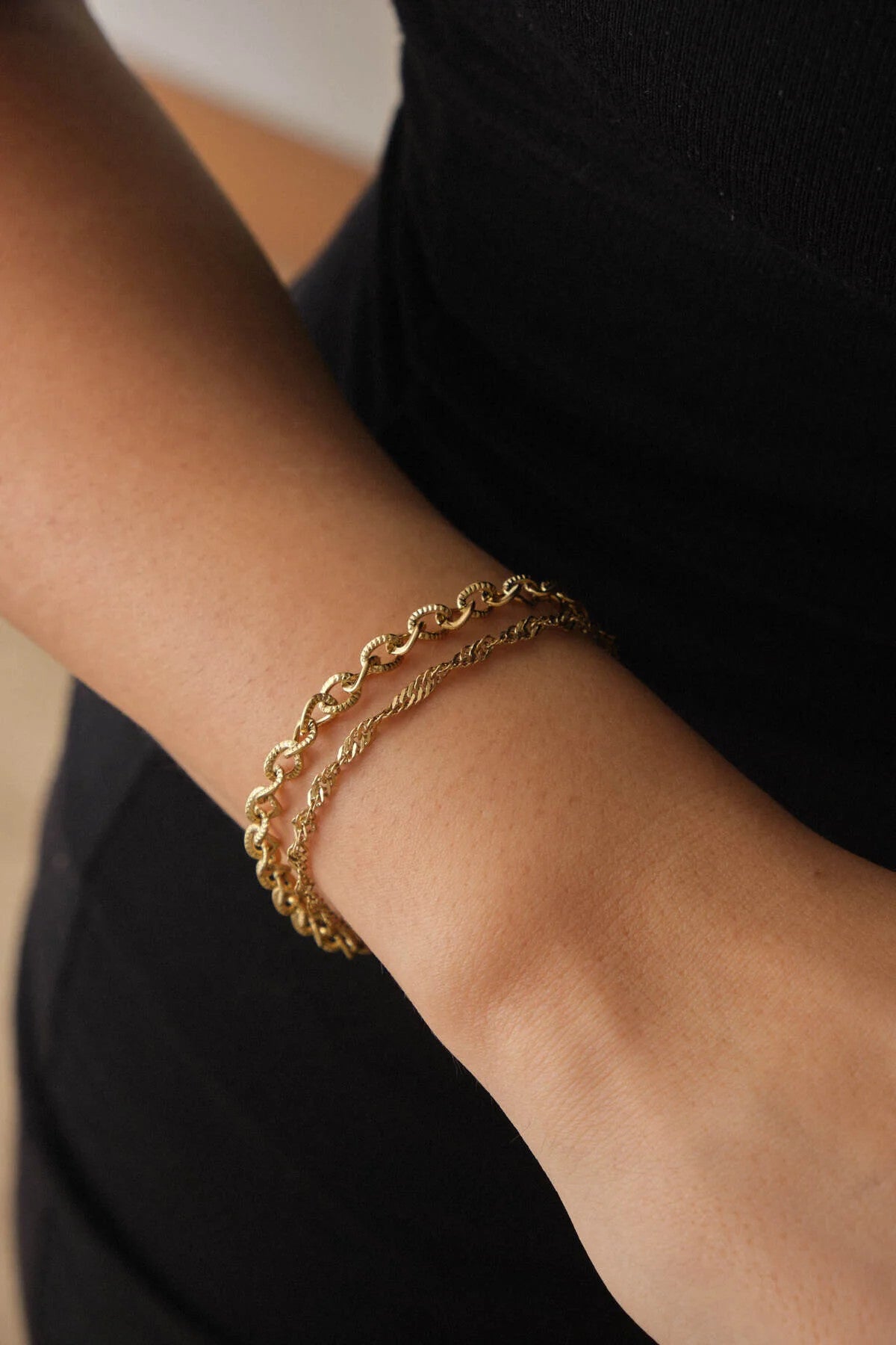 Çelik 2'li Kombin Singapur ve Dokulu Sarmal Zincir Bileklik Minimal Kararmaz 17+4cm