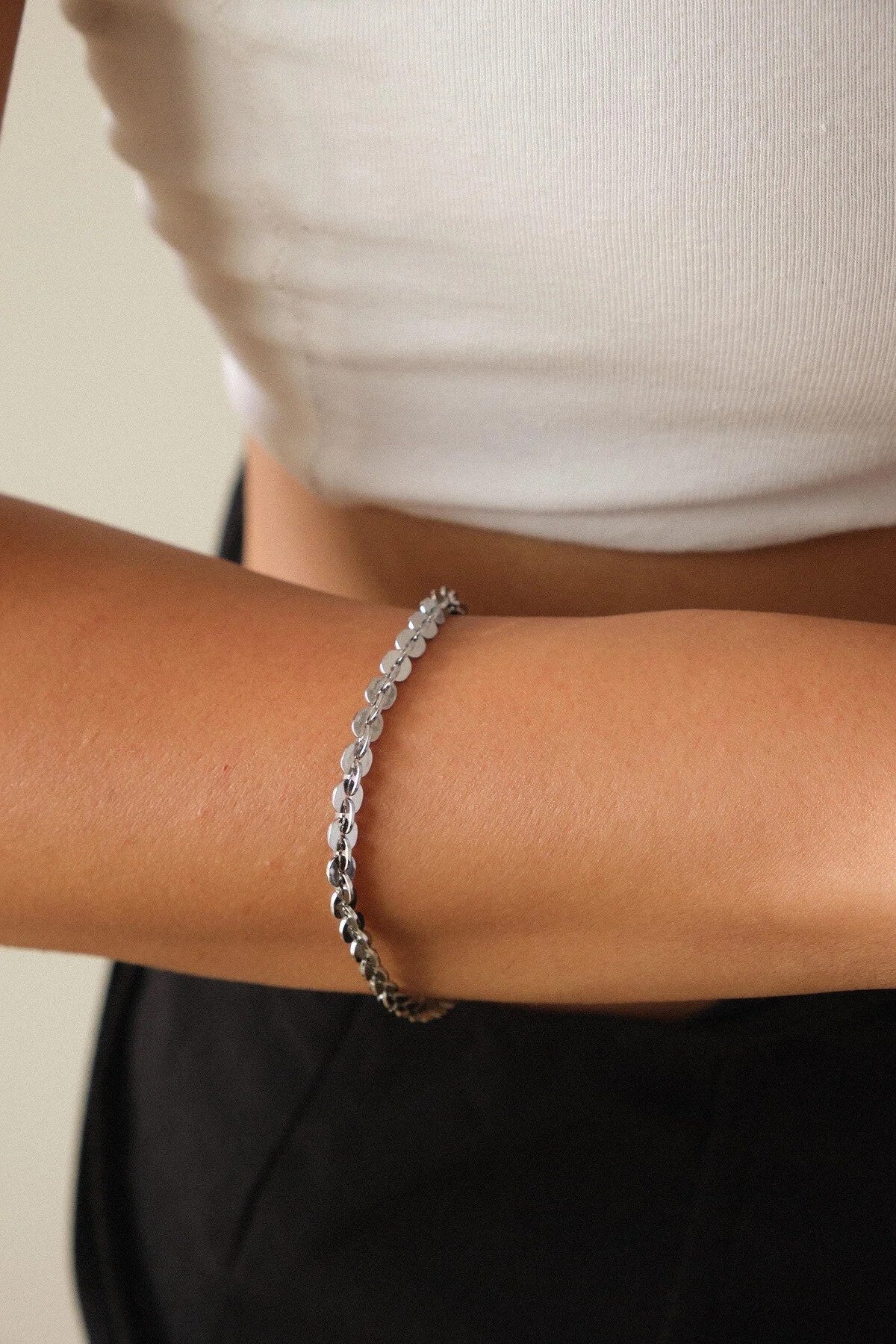 Çelik Pul Zincir Bileklik Küçük İç İçe Geçmeli Oval Pullar Kararmaz 17+6cm 4mm