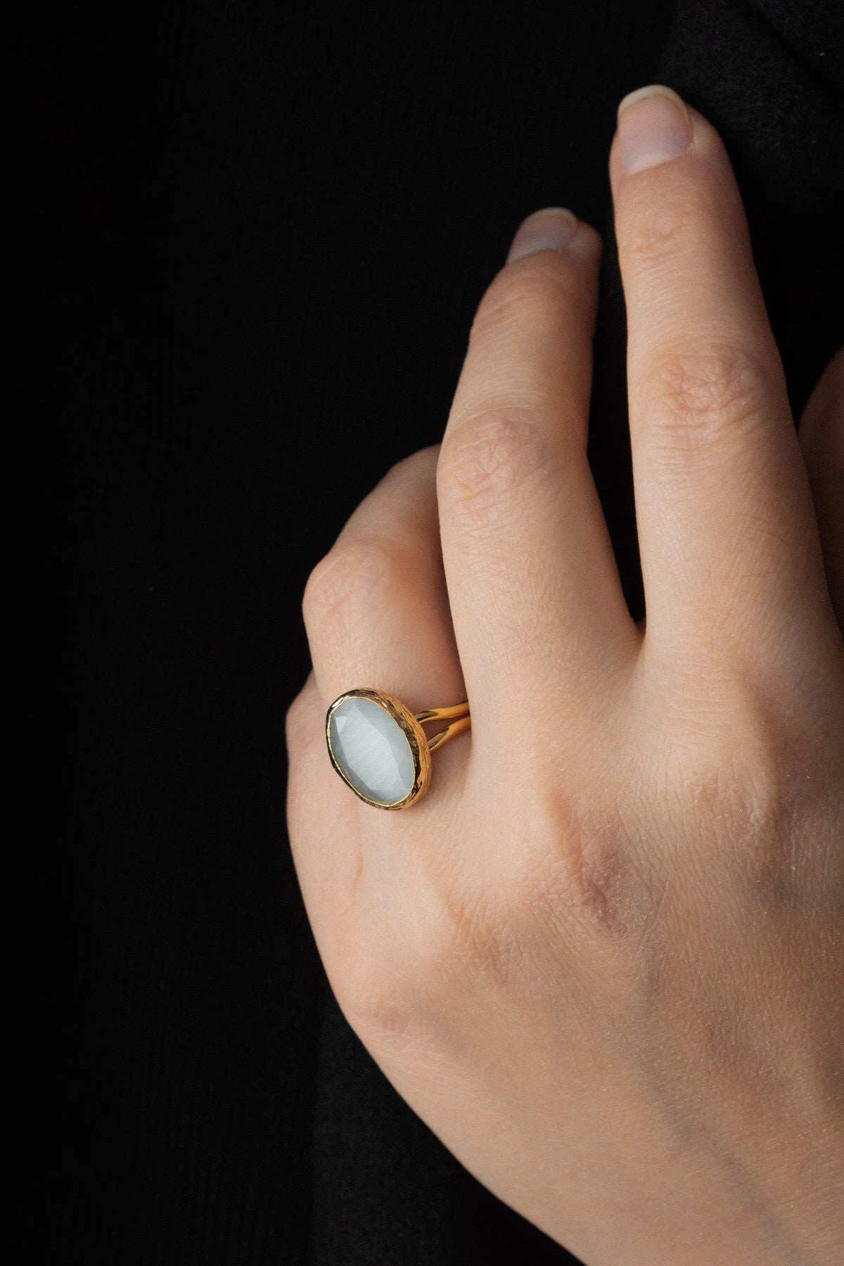 Kedi Gözü Mavi Doğal Taş Yüzük Freesize Ayarlanabilir El İşi Özel Yapım Kedi Gözü Parlak Taş Yüzük