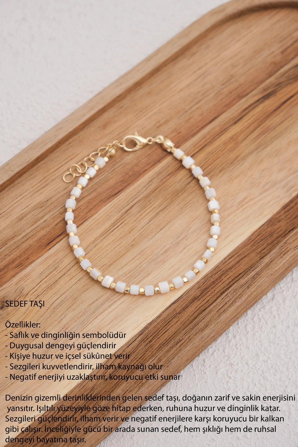 Sedef Doğal Taş Kolye 40cm+5cm El İşi Özel Yapım Gerçek Taş