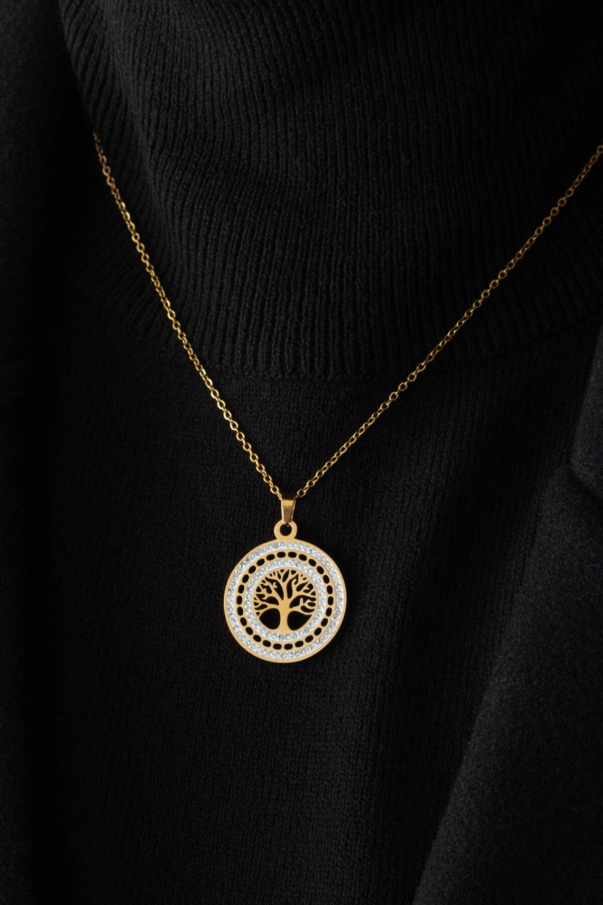 Çelik Taşlı Hayat Ağacı Spiritüel Kolye Kararmaz