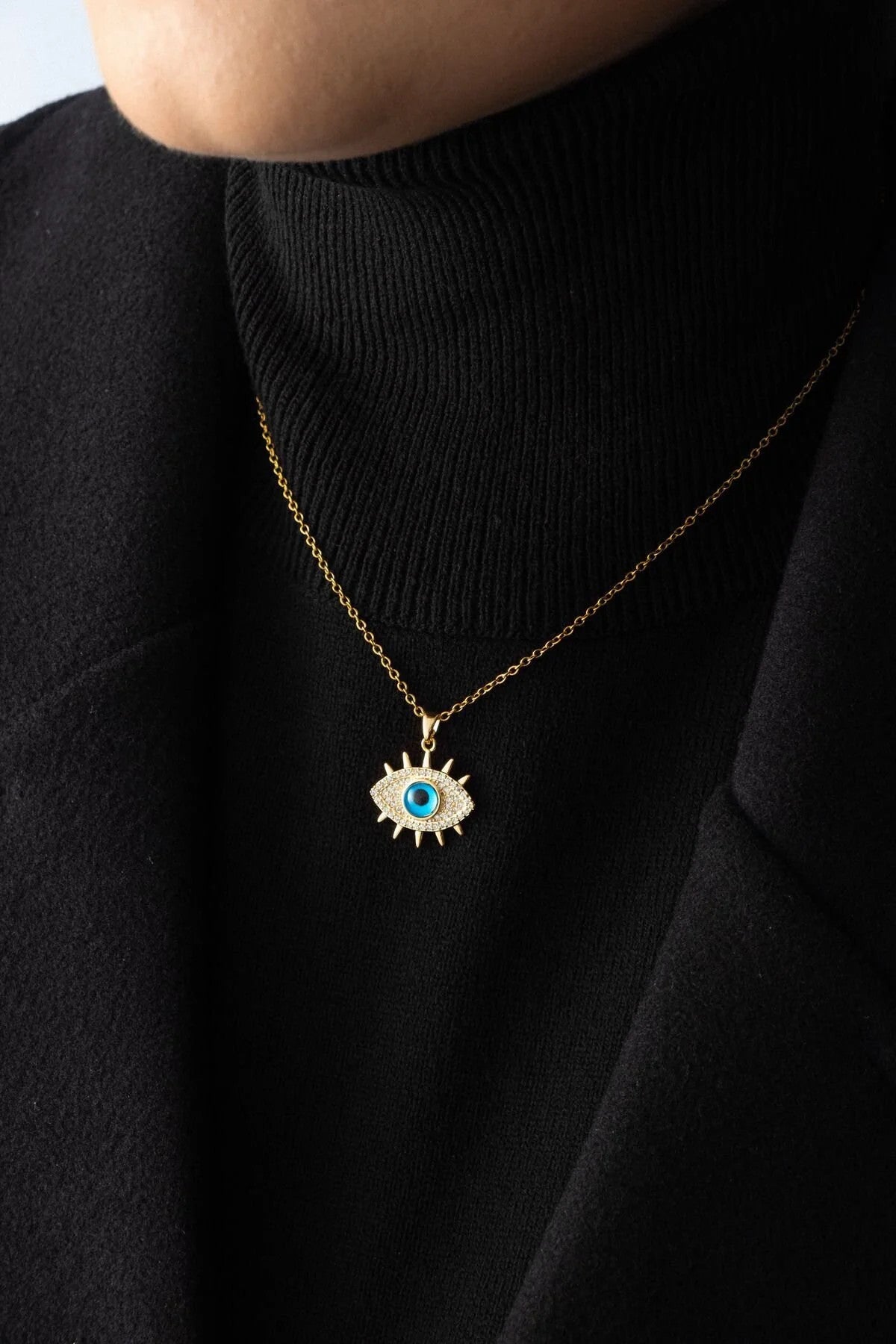 Çelik Taşlı Mavi Göz Kolye Kararmaz