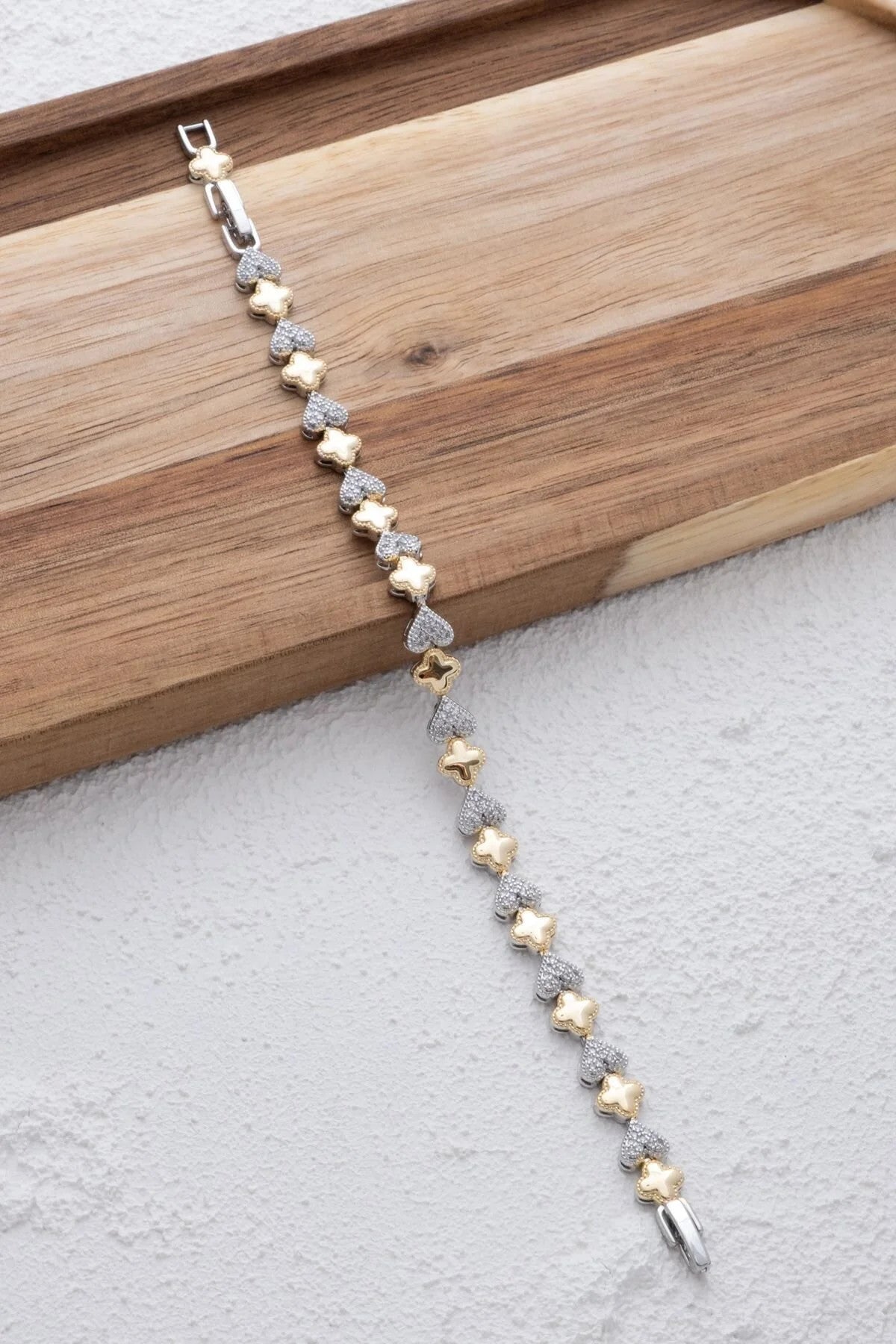 VIP Kalp Yonca Figür Bileklik Rodyum Kaplama Zirkon Taşlı Çift Renkli Gümüş Altın 17cm Uzatma 3cm