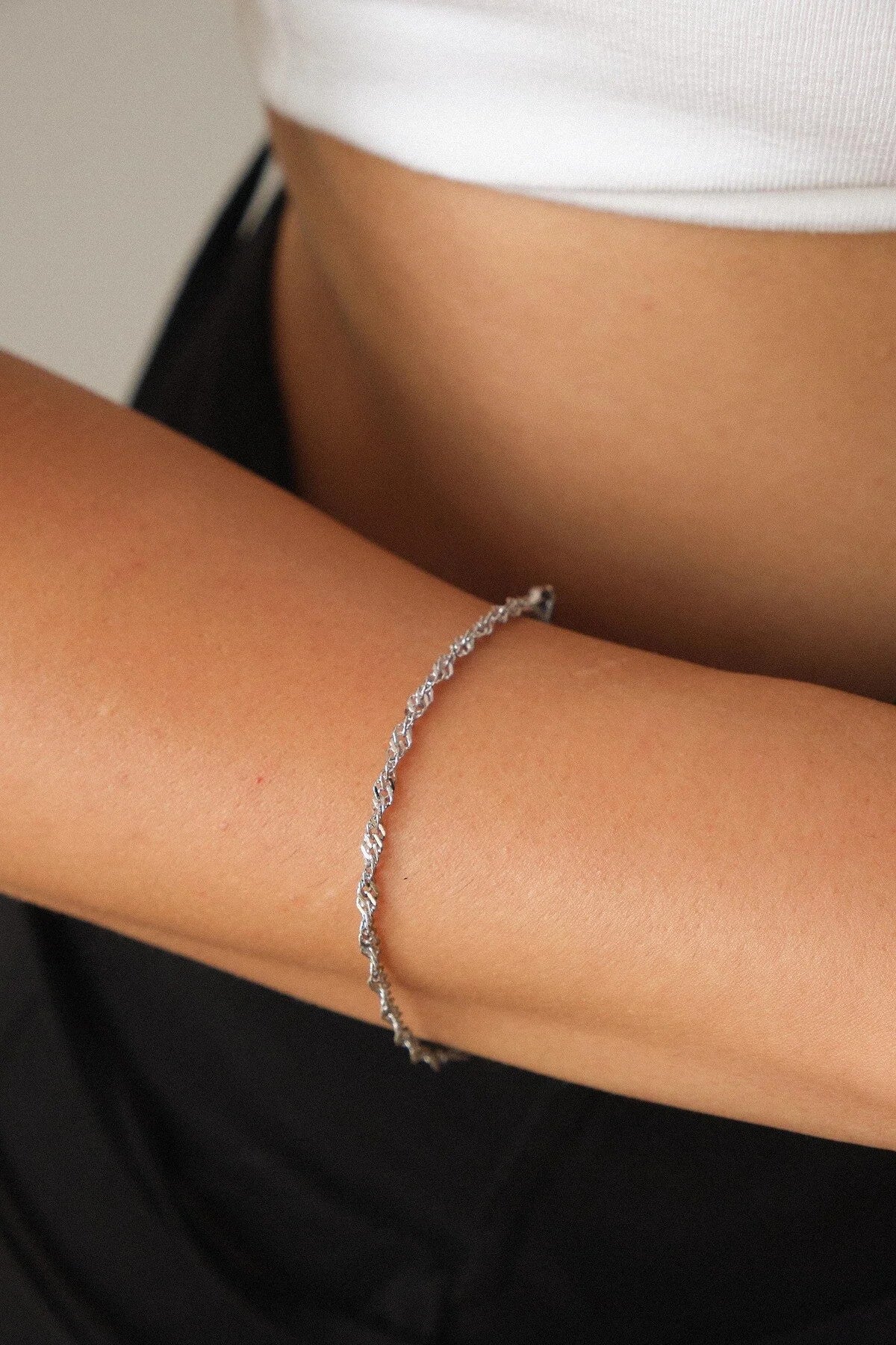 Çelik Singapur Zincir Bileklik İnce İthal Sarma Burgu Zincir 2mm Zarif Minimal 17cm+4cm&21cm