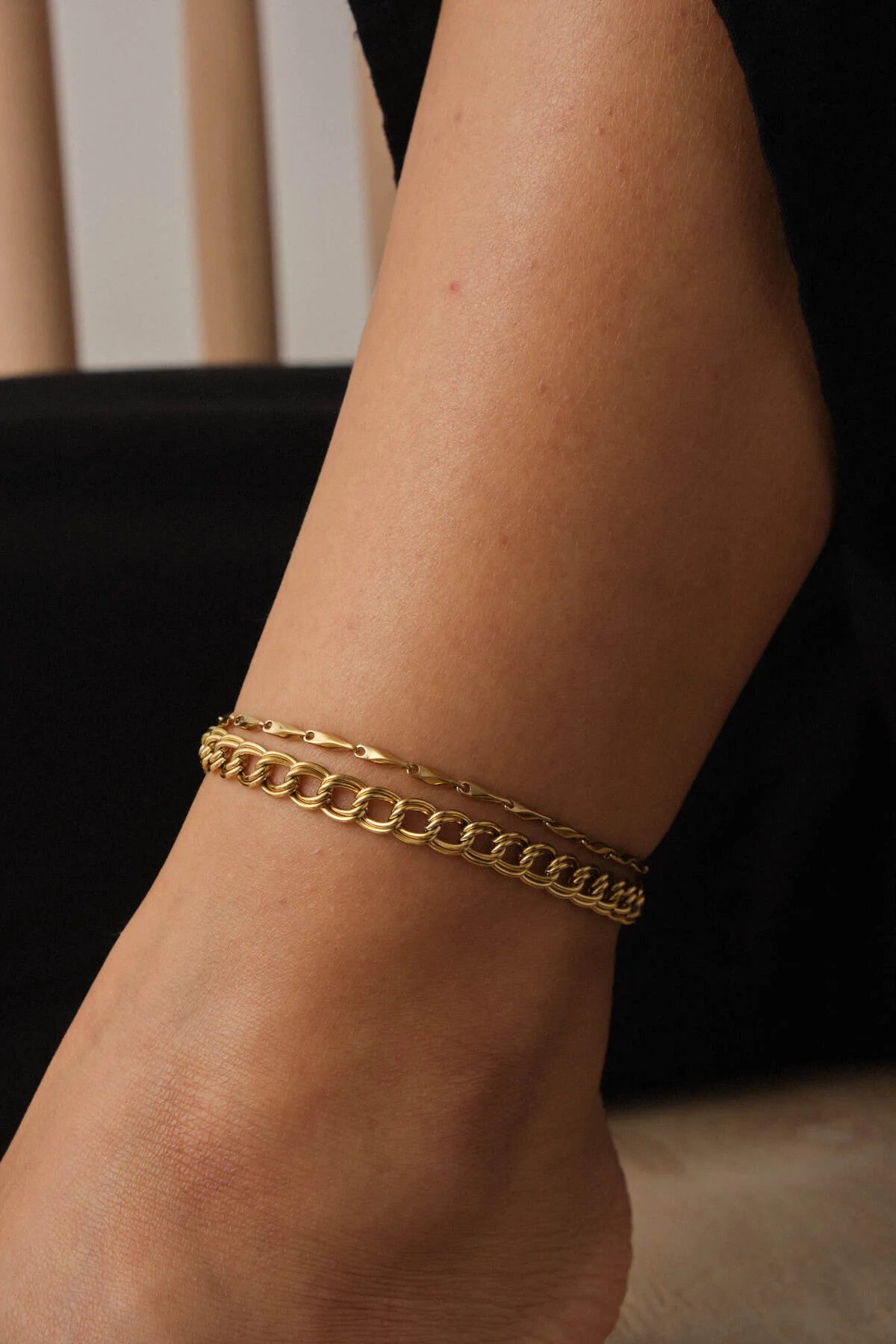 Çelik 2'li Kombin İnce Küp Üçgen Ve Çift Halkalı Zincir Halhal Kararmaz 22+4cm