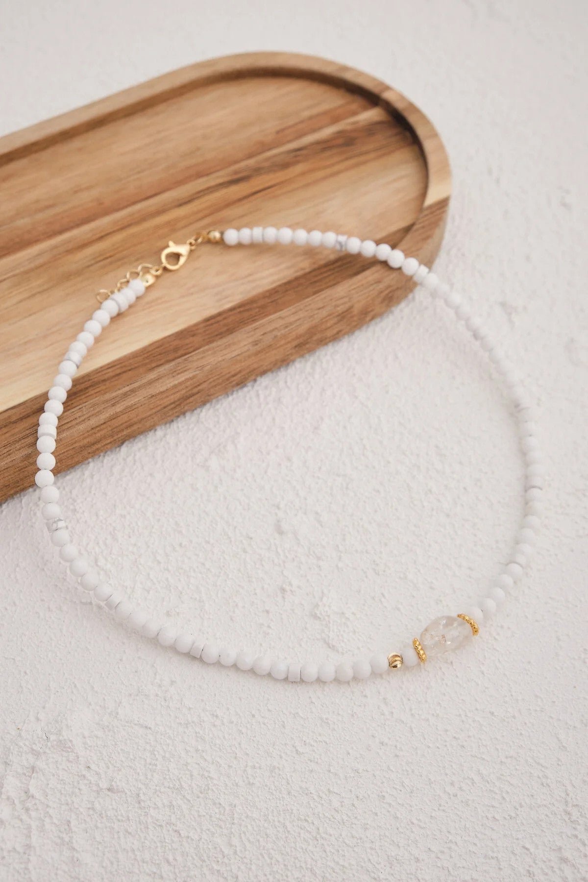 Beyaz Kuvars Doğal Taş Kolye 40cm+5cm El İşi Özel Yapım Gerçek Kuvars Taşı