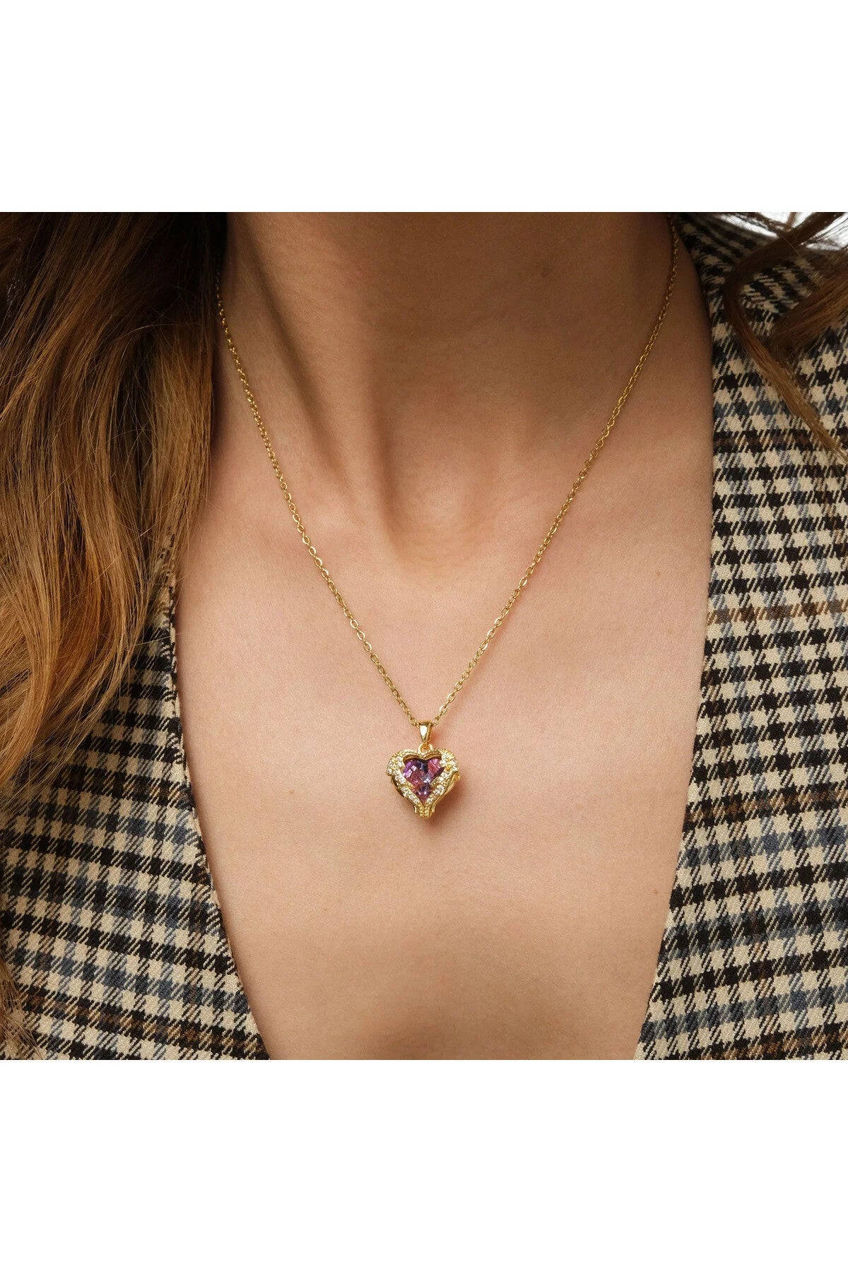 Çelik Rekli Taş Kalp Kolye Kararmaz