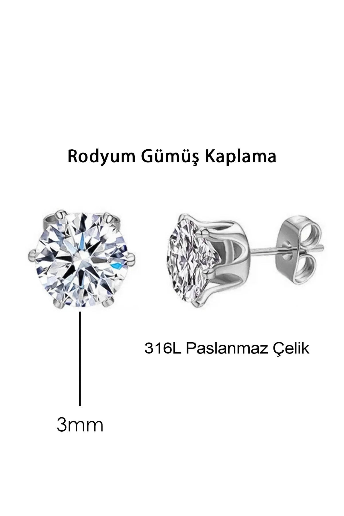 Unisex Çelik Tek Taş Küpe 18K Altın Kaplama Tek Taşlı Paslanmaz Çelik Küpe 3mm Gümüş Kaplama