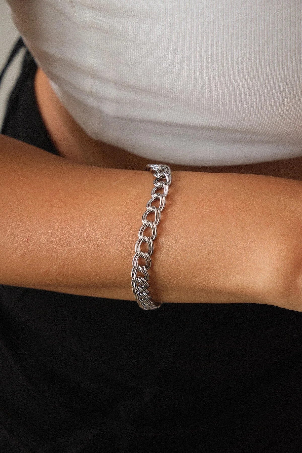 Çelik Çift Halkalı Gurmet Zincir Bileklik 7mm Kalın Iç Içe Geçmeli Zincir Kararmaz 17cm+4cm&21cm