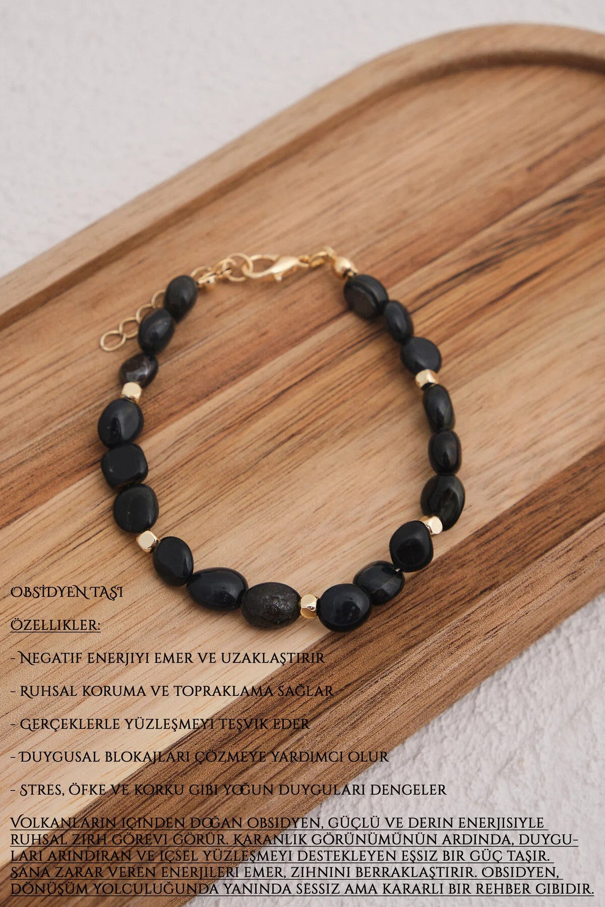 Obsidyen Doğal Taş Bileklik 17cm+4cm El İşi Özel Yapım Gerçek Obsidyen Taş