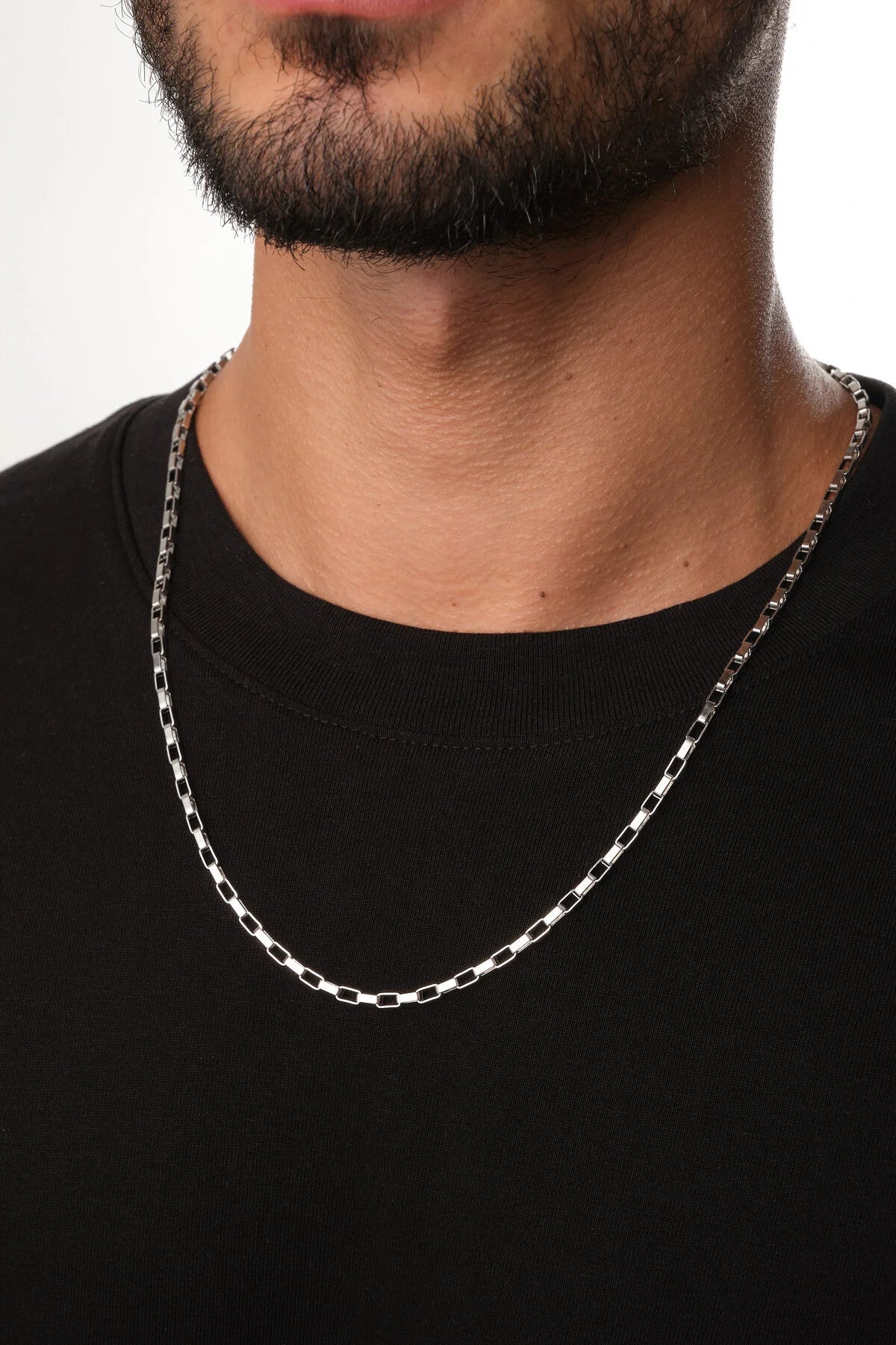 Çelik Dikdörtgen Erkek Zincir Kolye 3mm Kararmaz