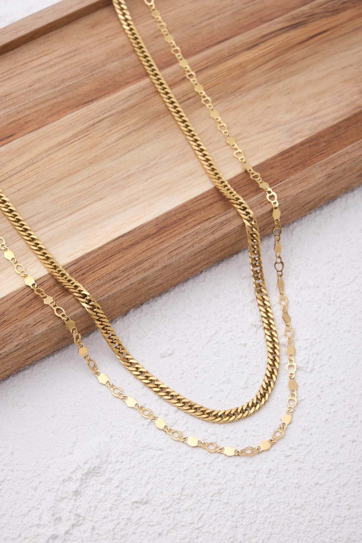 Çelik 2'li Kombin Almak Gurmet ve Kalpli Altıgen Zincir Kolye Minimal Kararmaz 45+5cm