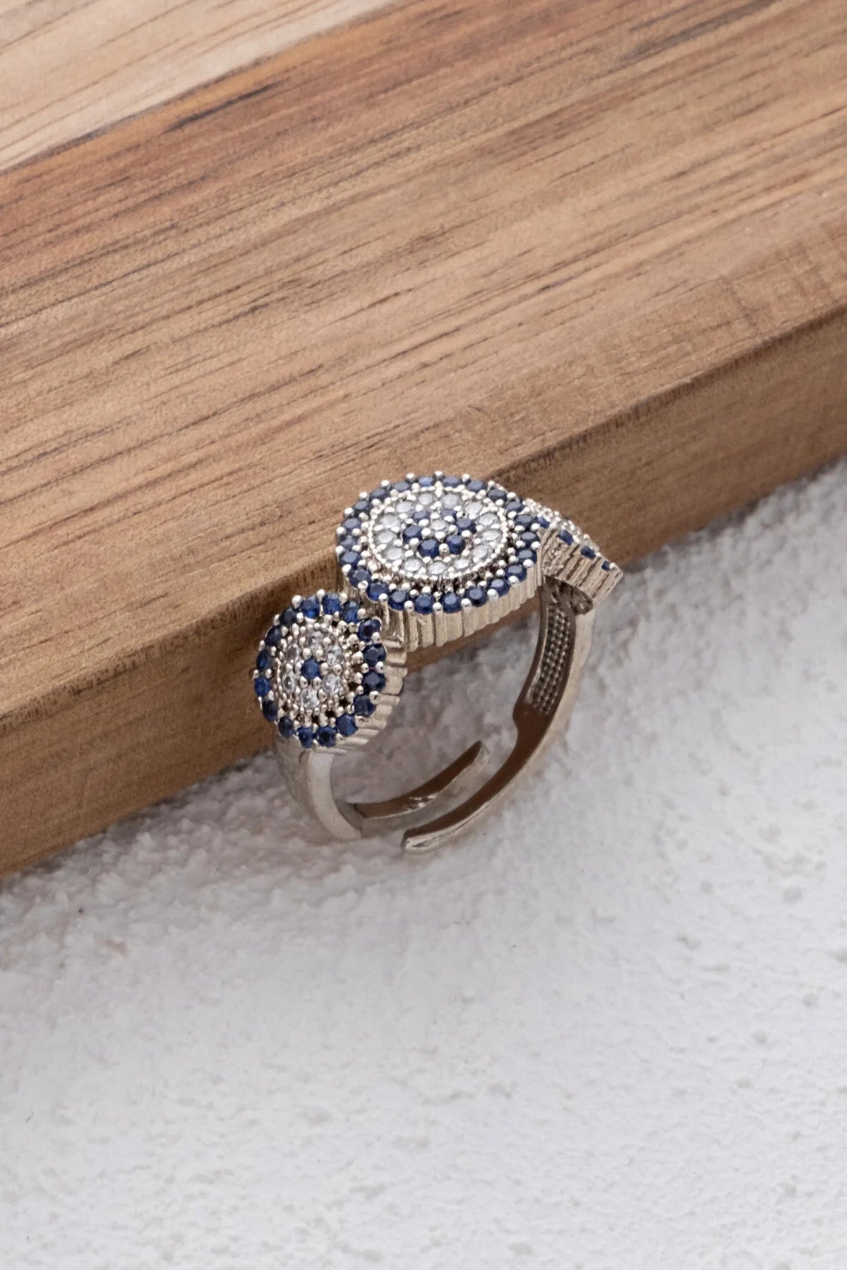 3lü Nazar Boncuklu Yüzük Beyaz Mavi Zirkon Taşlı Free Size Ayarlanabilir Ölçü