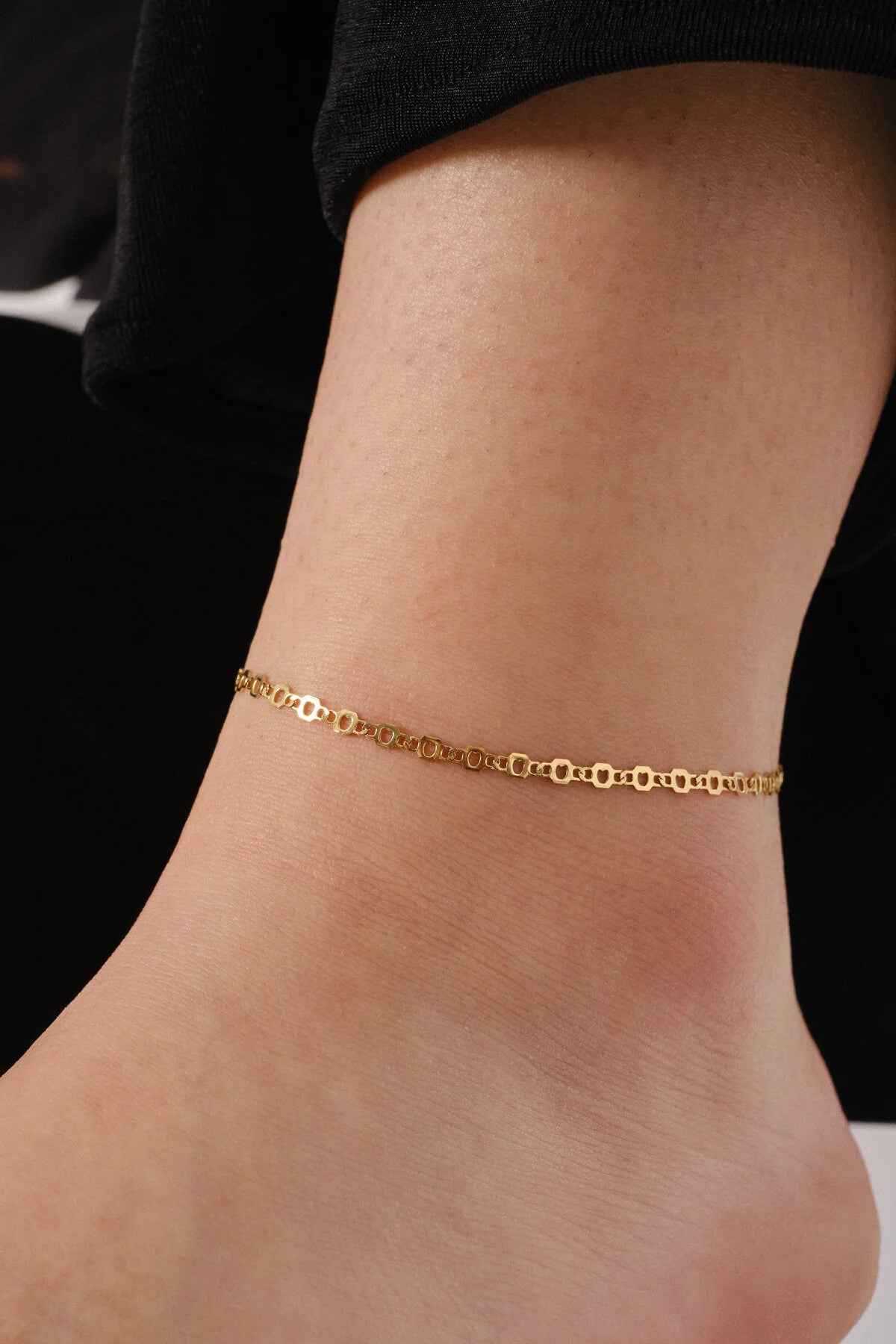 Çelik İnce Pullu Plaka Zincir Halhal Minimal Altıgen Kalpli Zincir Kararmaz 22+4cm 3mm