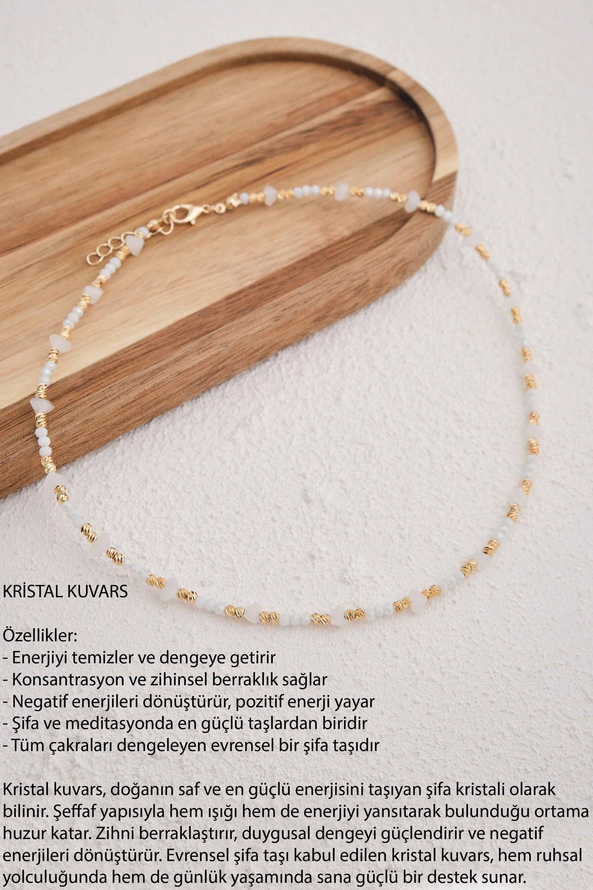 Kristal Kuvars Doğal Taş Kolye 40cm+5cm El İşi Özel Yapım Gerçek Kuvars Taşı