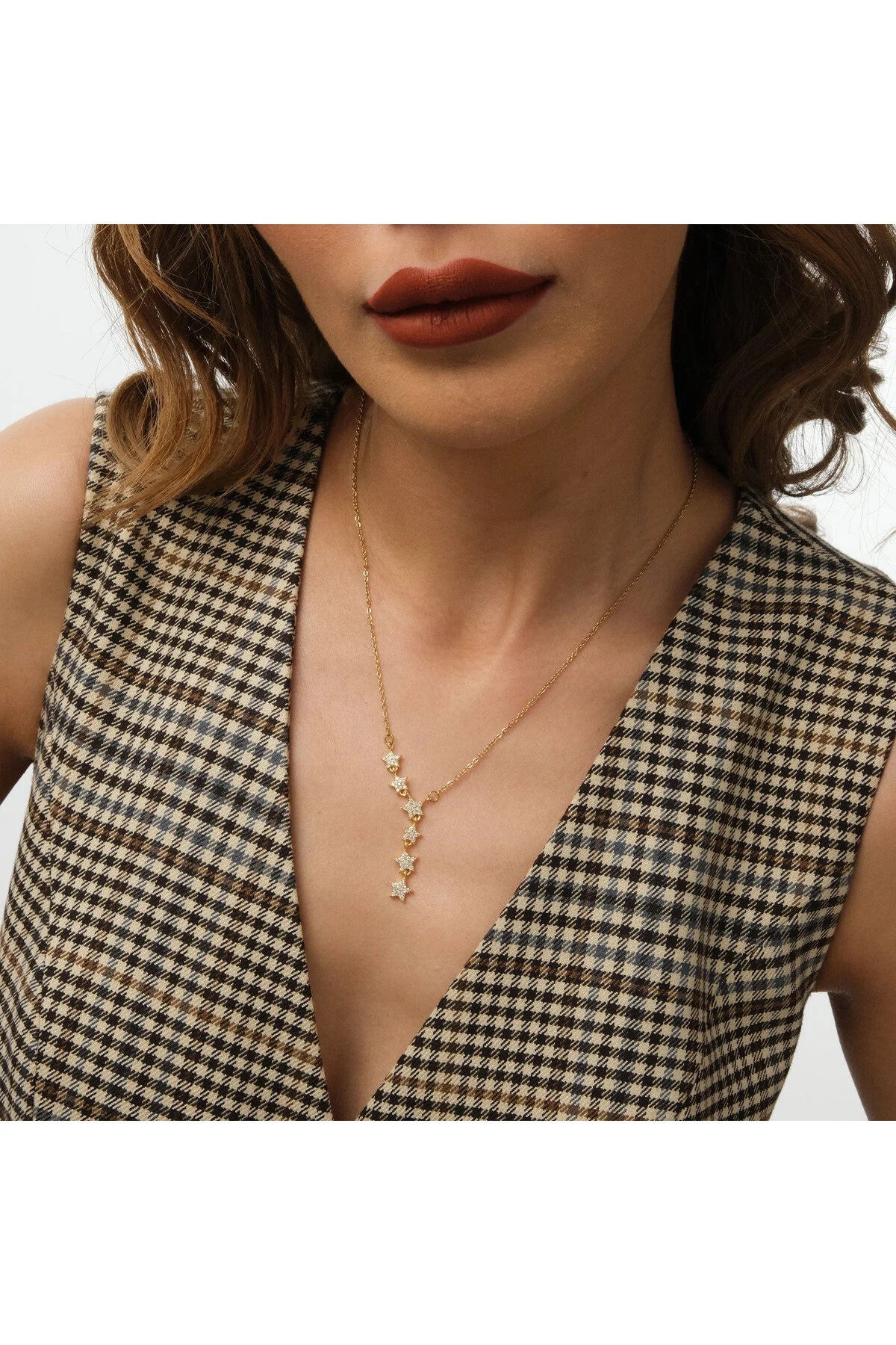 Çelik Taşlı Yıldız Kolye Altılı Yıldız Serisi Kararmaz