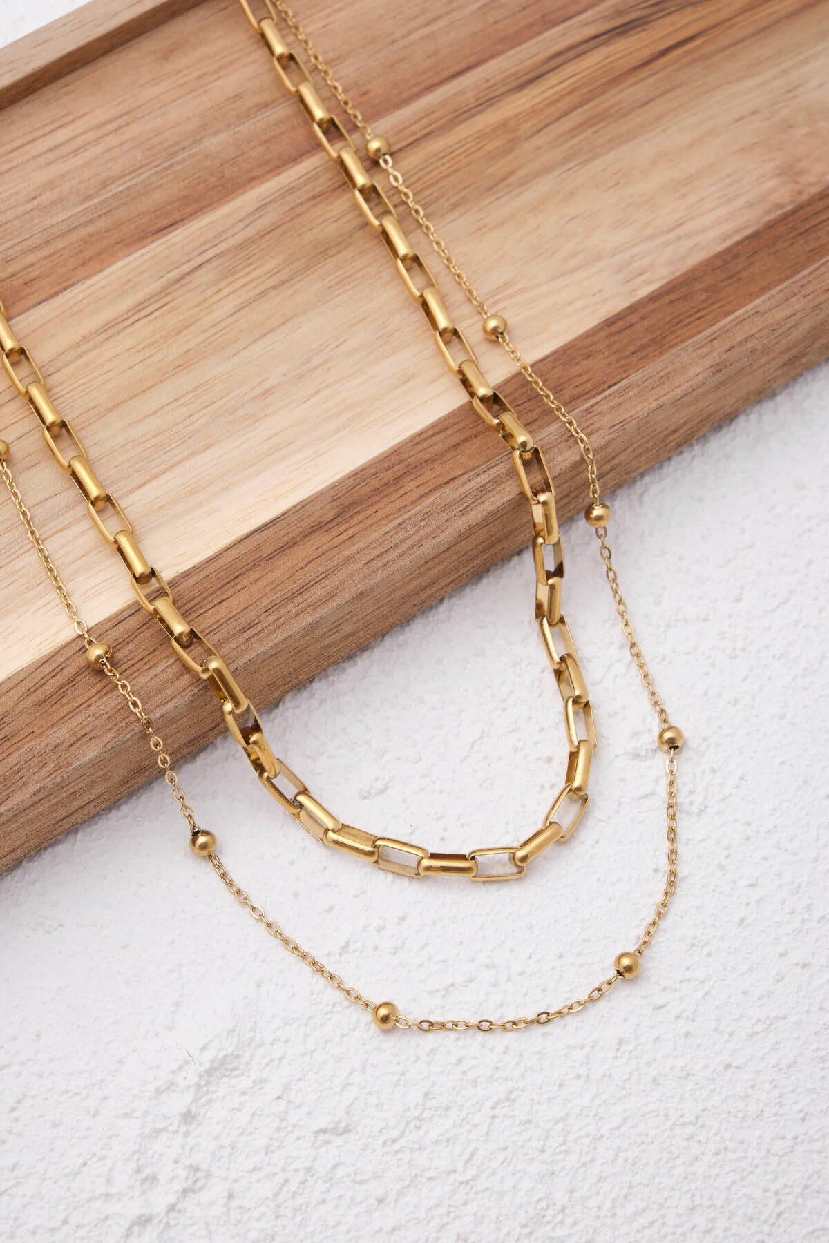 Çelik 2'li Kombin Toplu ve Ataç Dikdörtgen Zincir Kolye Minimal Kararmaz 45+5cm