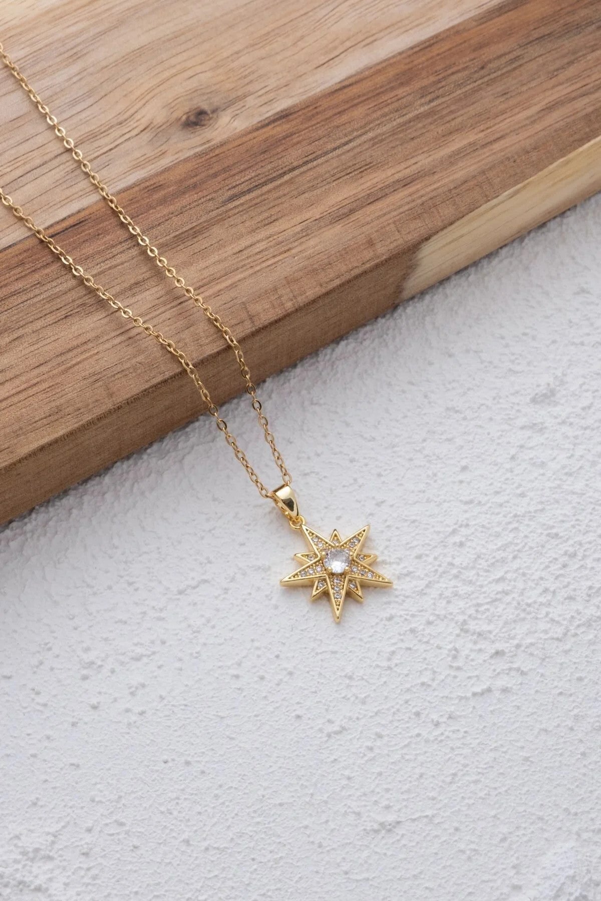 Çelik Yıldız Kolye Kutup Yıldızı Beyaz Zirkon Taşlı Kararmaz