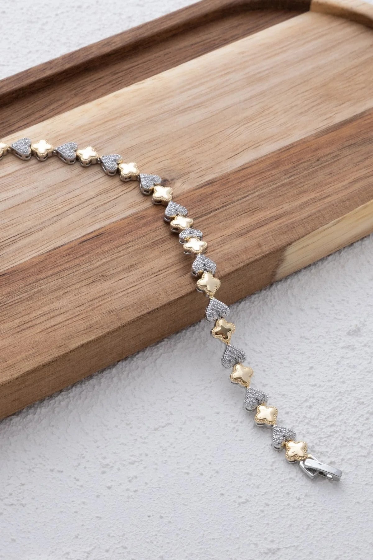 VIP Kalp Yonca Figür Bileklik Rodyum Kaplama Zirkon Taşlı Çift Renkli Gümüş Altın 17cm Uzatma 3cm