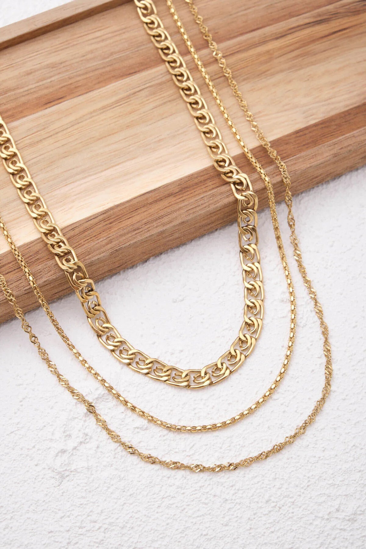 Çelik 3'lü Kombin Singapur, Salyangoz ve Pullu Halat Zincir Kolye Minimal Kararmaz 45cm