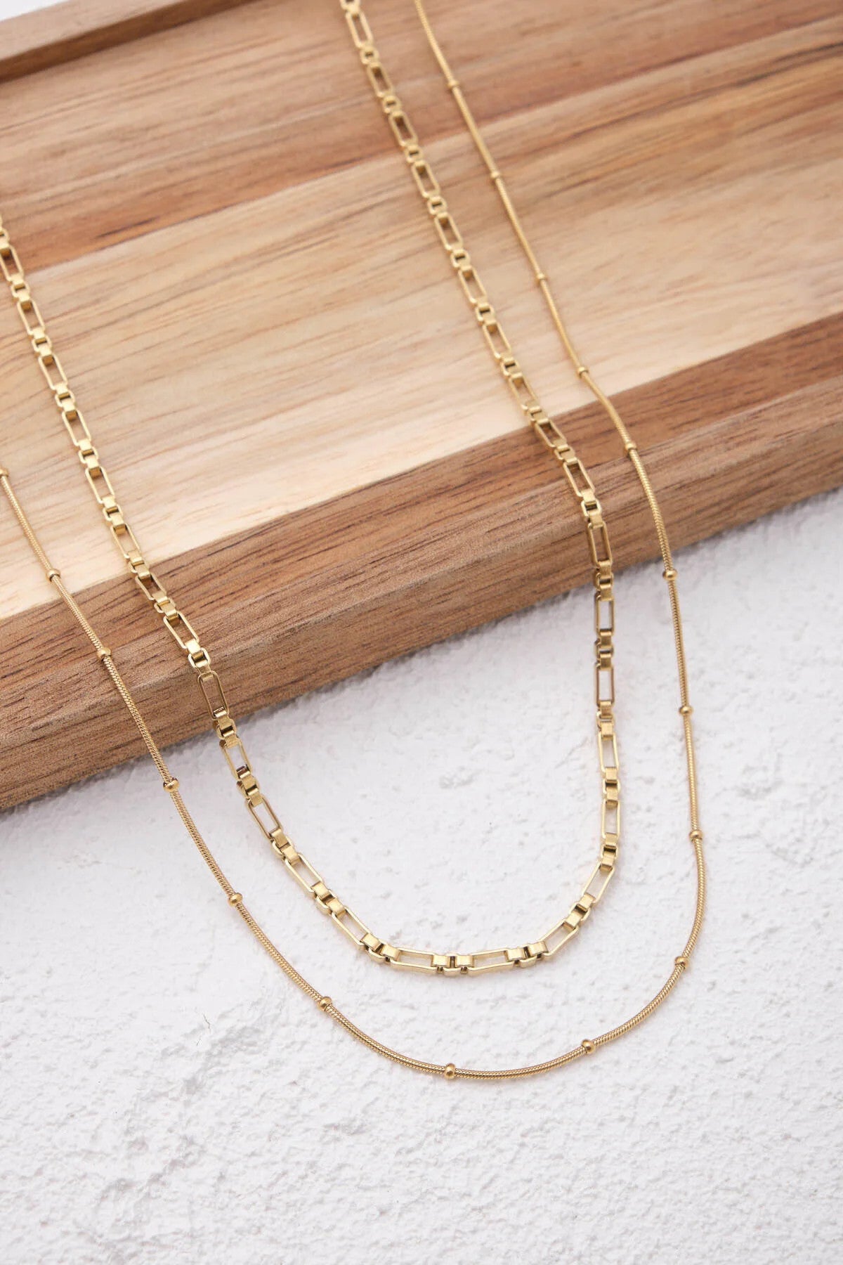 Çelik 2'li Kombin Topçuklu İtalyan ve Dikdörtgen Kare Zincir Kolye Minimal Kararmaz 45+5cm