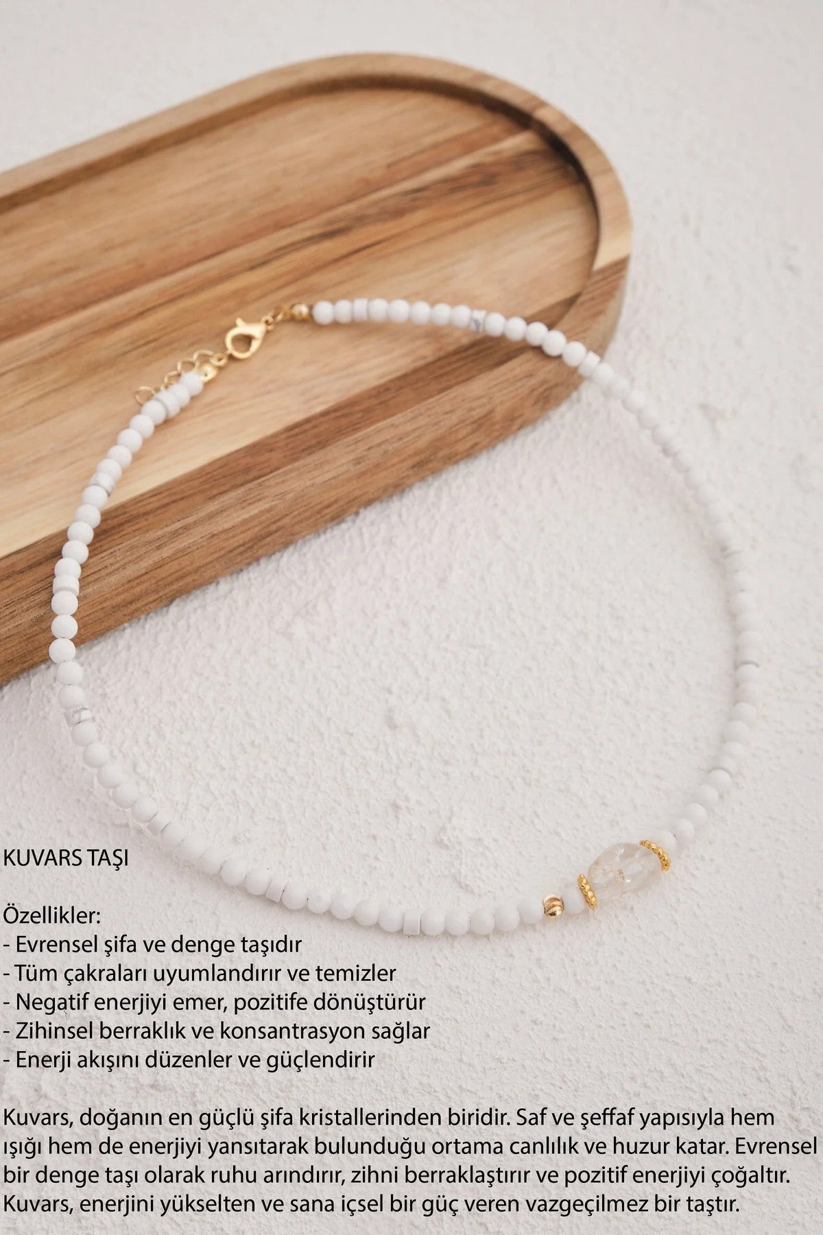 Beyaz Kuvars Doğal Taş Kolye 40cm+5cm El İşi Özel Yapım Gerçek Kuvars Taşı