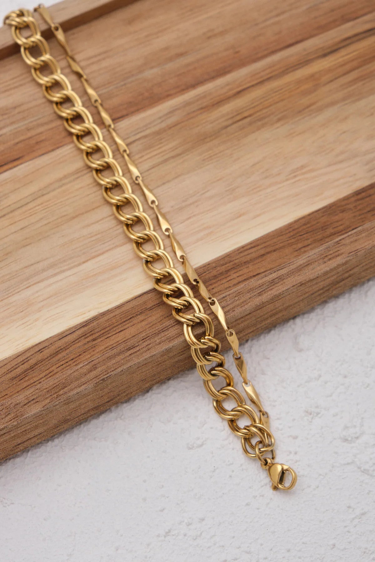 Çelik 2'li Kombin Küp Üçgen Ve Çift Halkalı Zincir Bileklik Kararmaz 17+4cm & 21cm