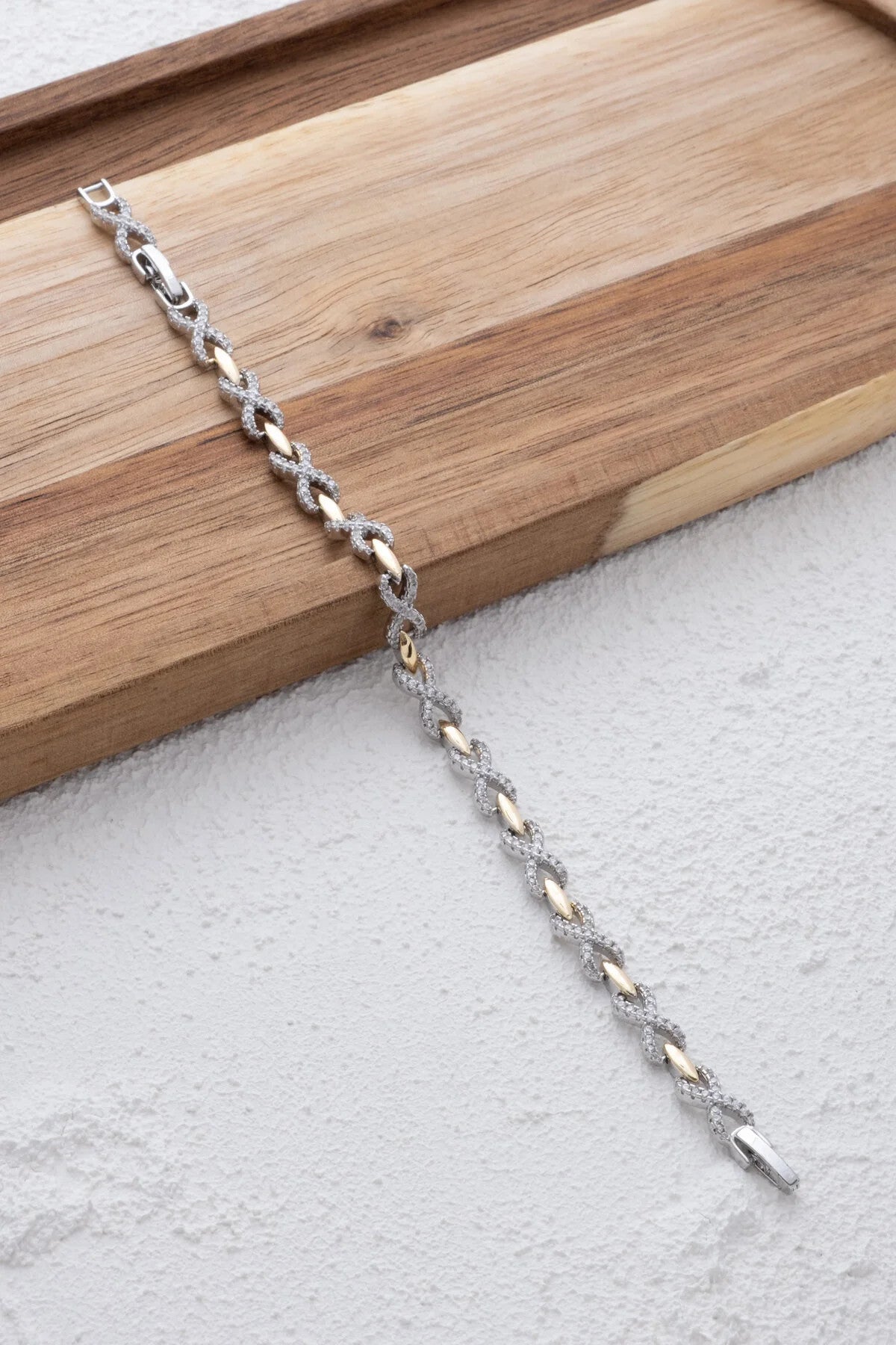 VIP Sonsuzluk Sembollü Bileklik Rodyum Kaplama Zirkon Taşlı 17+3cm Çift Renkli Gümüş Altın