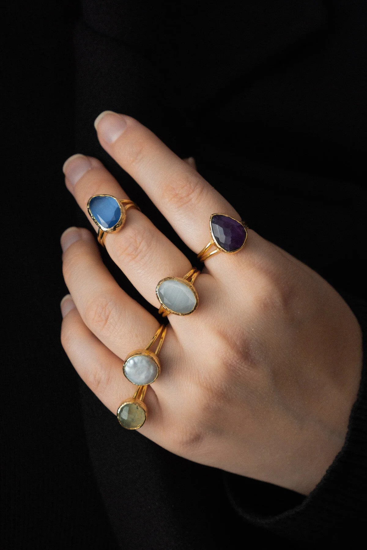 Kedi Gözü Mavi Doğal Taş Yüzük Freesize Ayarlanabilir El İşi Özel Yapım Kedi Gözü Parlak Taş Yüzük