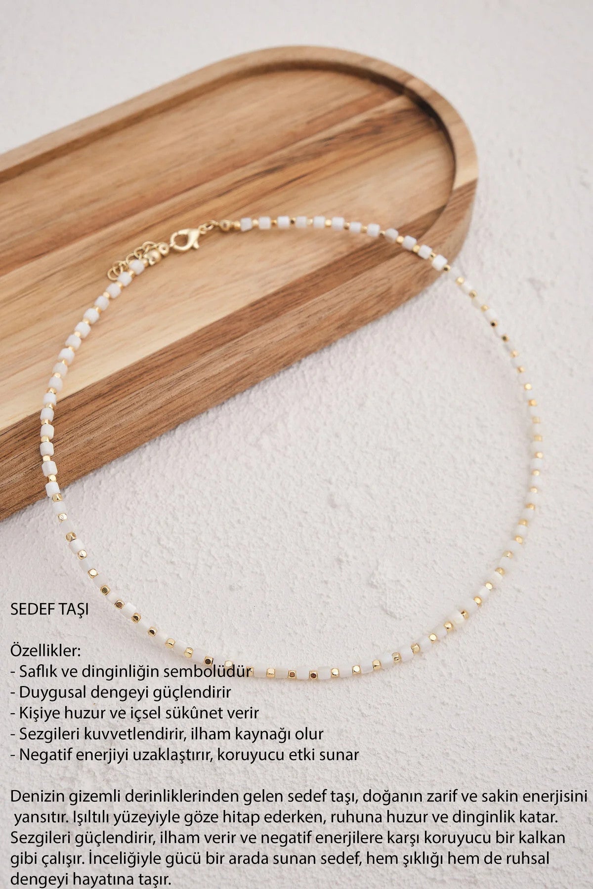 Sedef Doğal Taş Kolye 40cm+5cm El İşi Özel Yapım Gerçek Taş