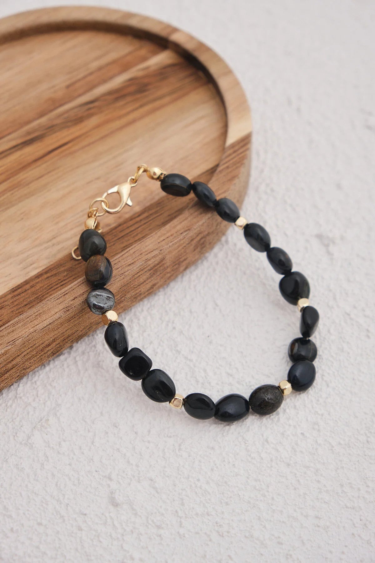 Obsidyen Doğal Taş Bileklik 17cm+4cm El İşi Özel Yapım Gerçek Obsidyen Taş