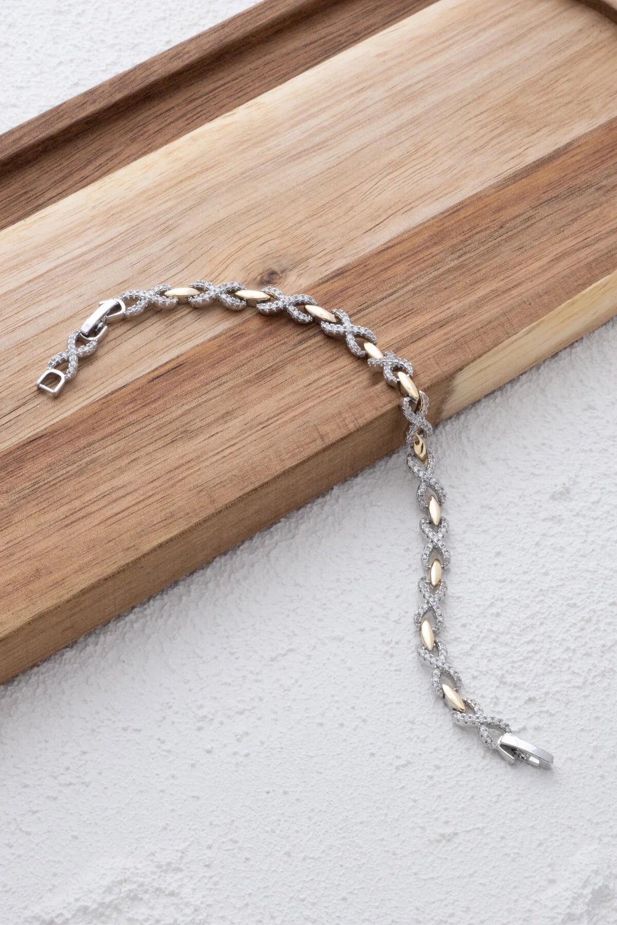 VIP Sonsuzluk Sembollü Bileklik Rodyum Kaplama Zirkon Taşlı 17+3cm Çift Renkli Gümüş Altın