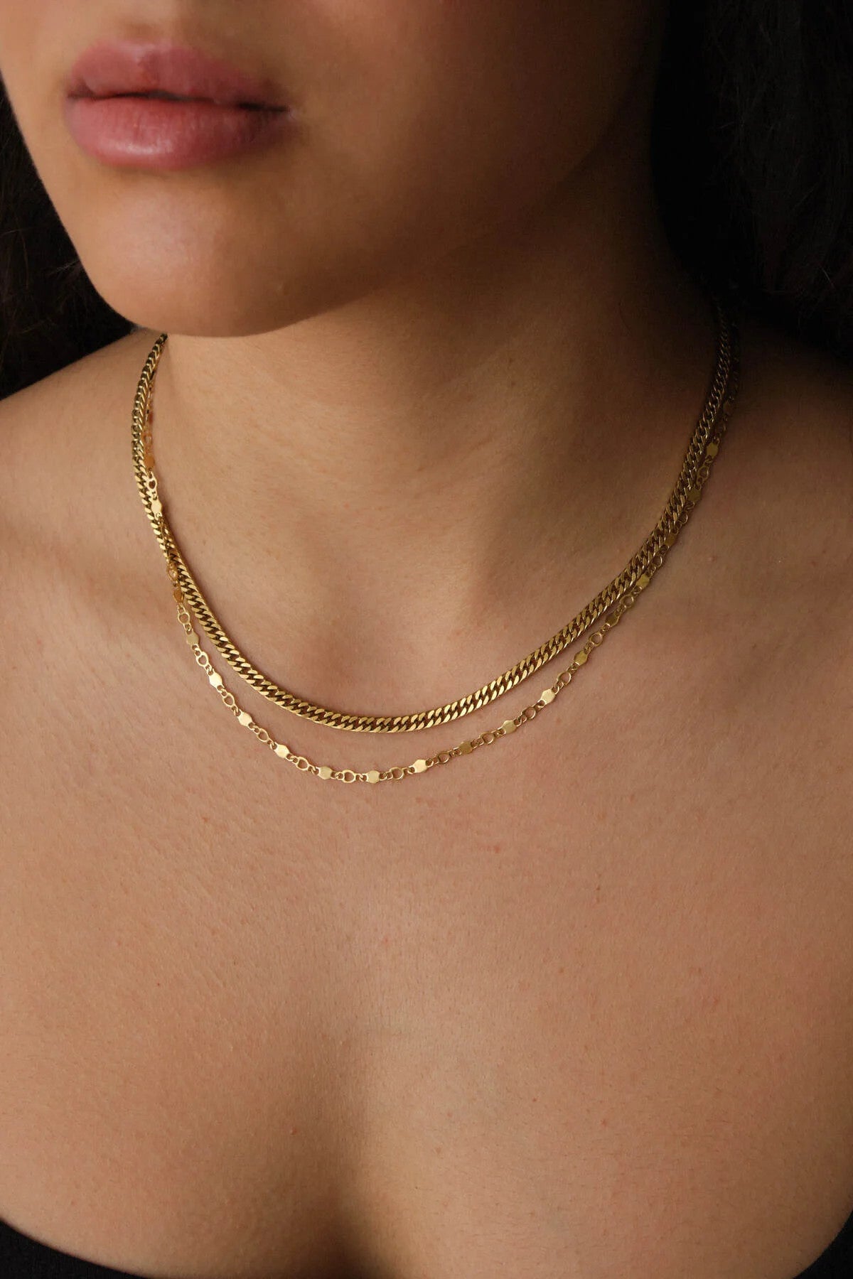 Çelik 2'li Kombin Almak Gurmet ve Kalpli Altıgen Zincir Kolye Minimal Kararmaz 45+5cm