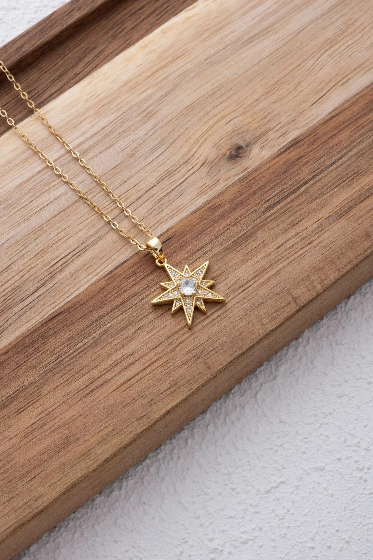 Çelik Yıldız Kolye Kutup Yıldızı Beyaz Zirkon Taşlı Kararmaz