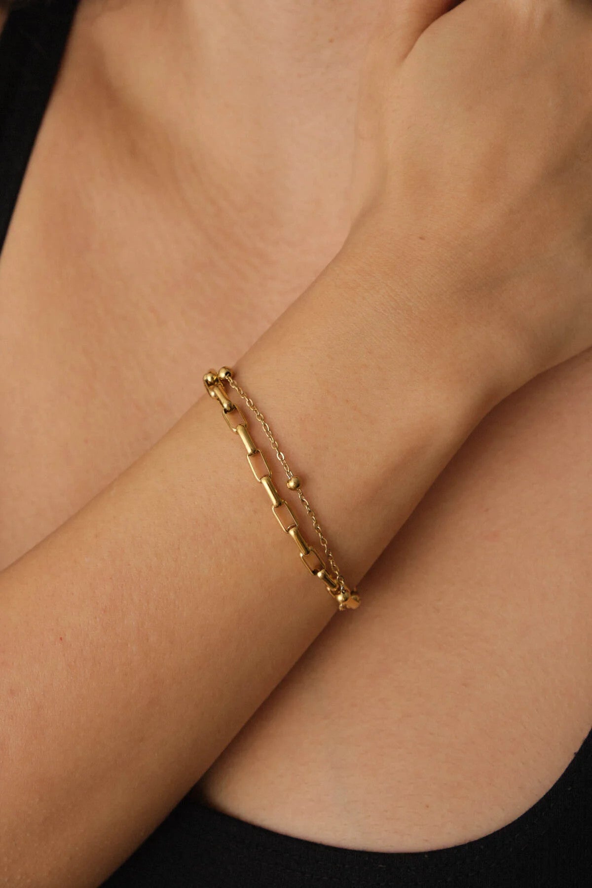 Çelik 2'li Kombin Toplu ve Ataç Dikdörtgen Zincir Bileklik Minimal Kararmaz 17+4cm & 21cm