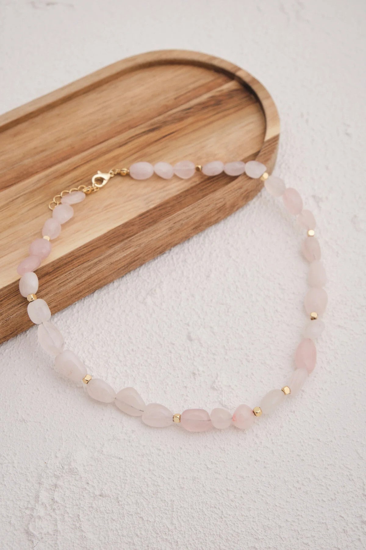 Pembe Kuvars Doğal Taş Kolye 40cm+5cm El İşi Özel Yapım Gerçek Kuvars Taşı