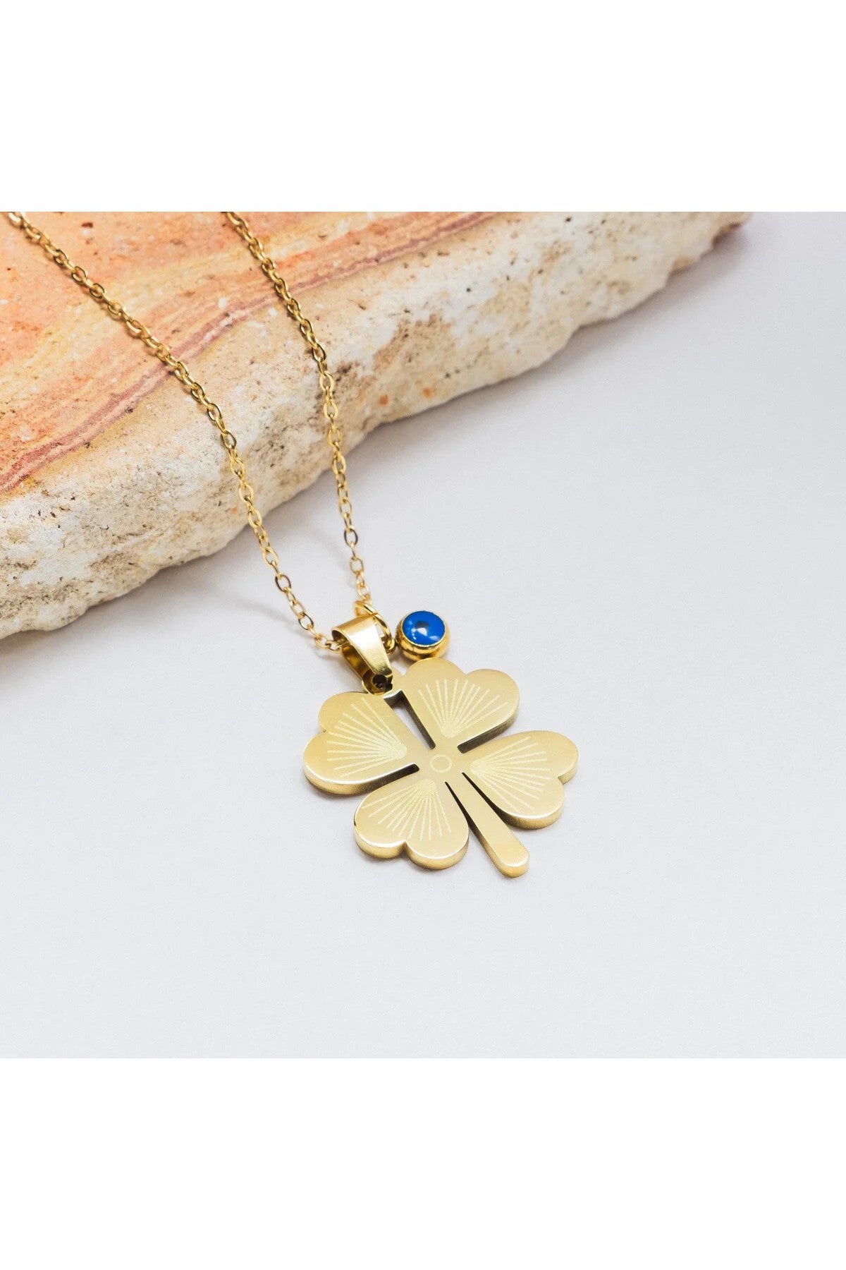 Çelik Yonca Kolye Nazar Boncuklu Dört Yapraklı Yonca Arkadaşa Dosta Hediye 45cm