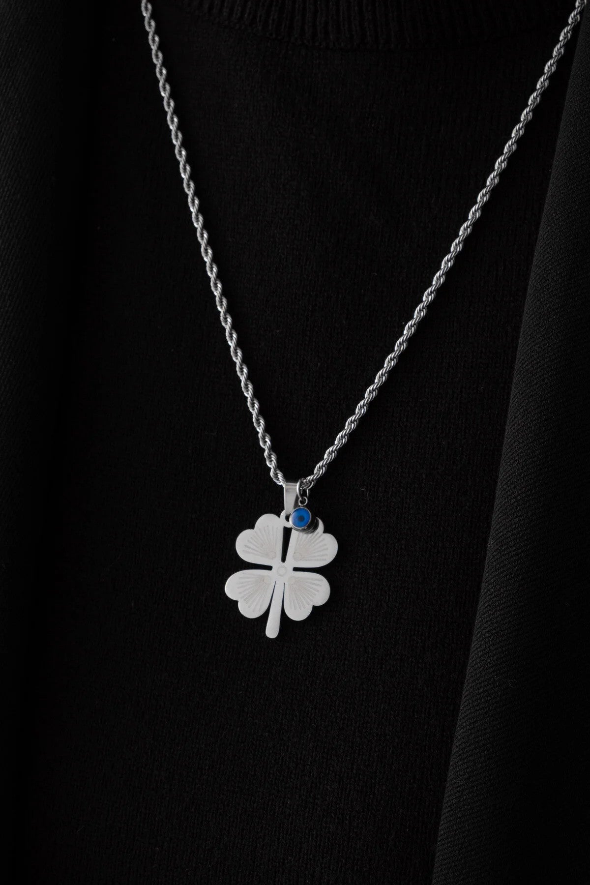 Çelik Yonca Kolye Nazar Boncuklu Dört Yapraklı Yonca Arkadaşa Dosta Hediye 60cm