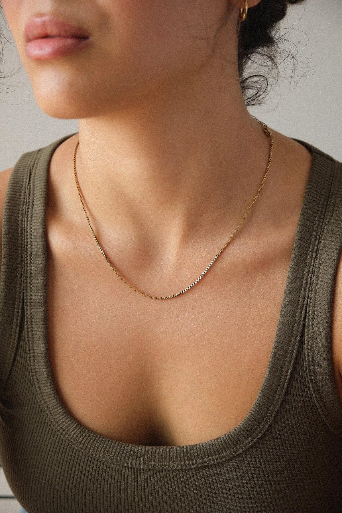 Çelik Kutu Kare Zincir Kolye İnce Box Küba Zincir 1mm Zarif Minimal