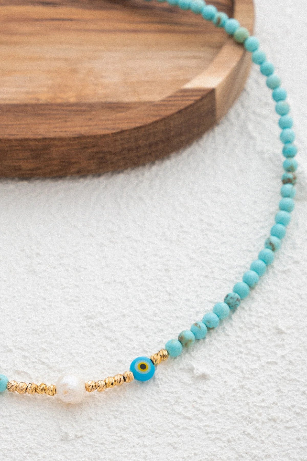 Deniz Serenite Doğal Taş Kolye Turkuaz ve İnci Taş Kolye 40cm