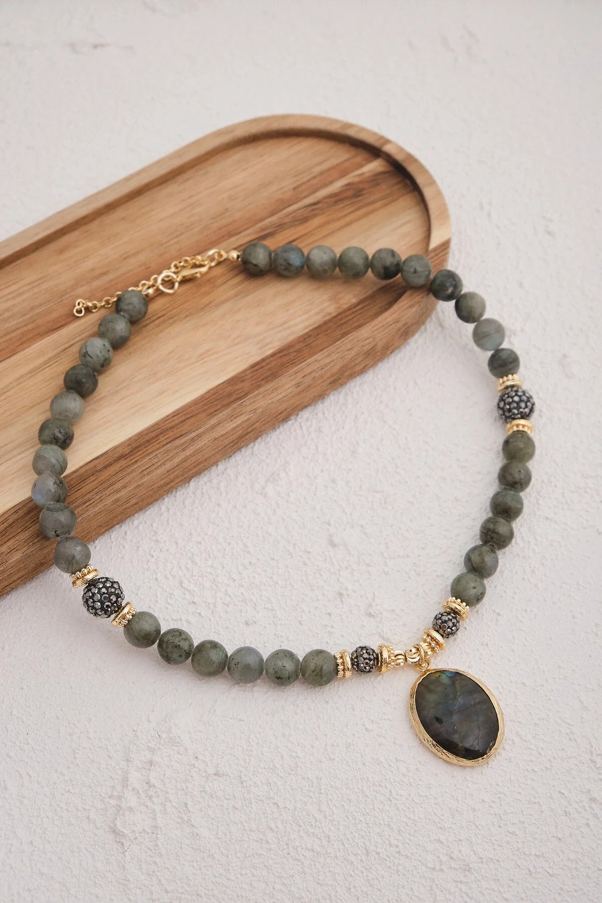 Labradorit Doğal Taş Kolye 40cm+5cm El İşi Özel Yapım Gerçek Labradorit Taşı