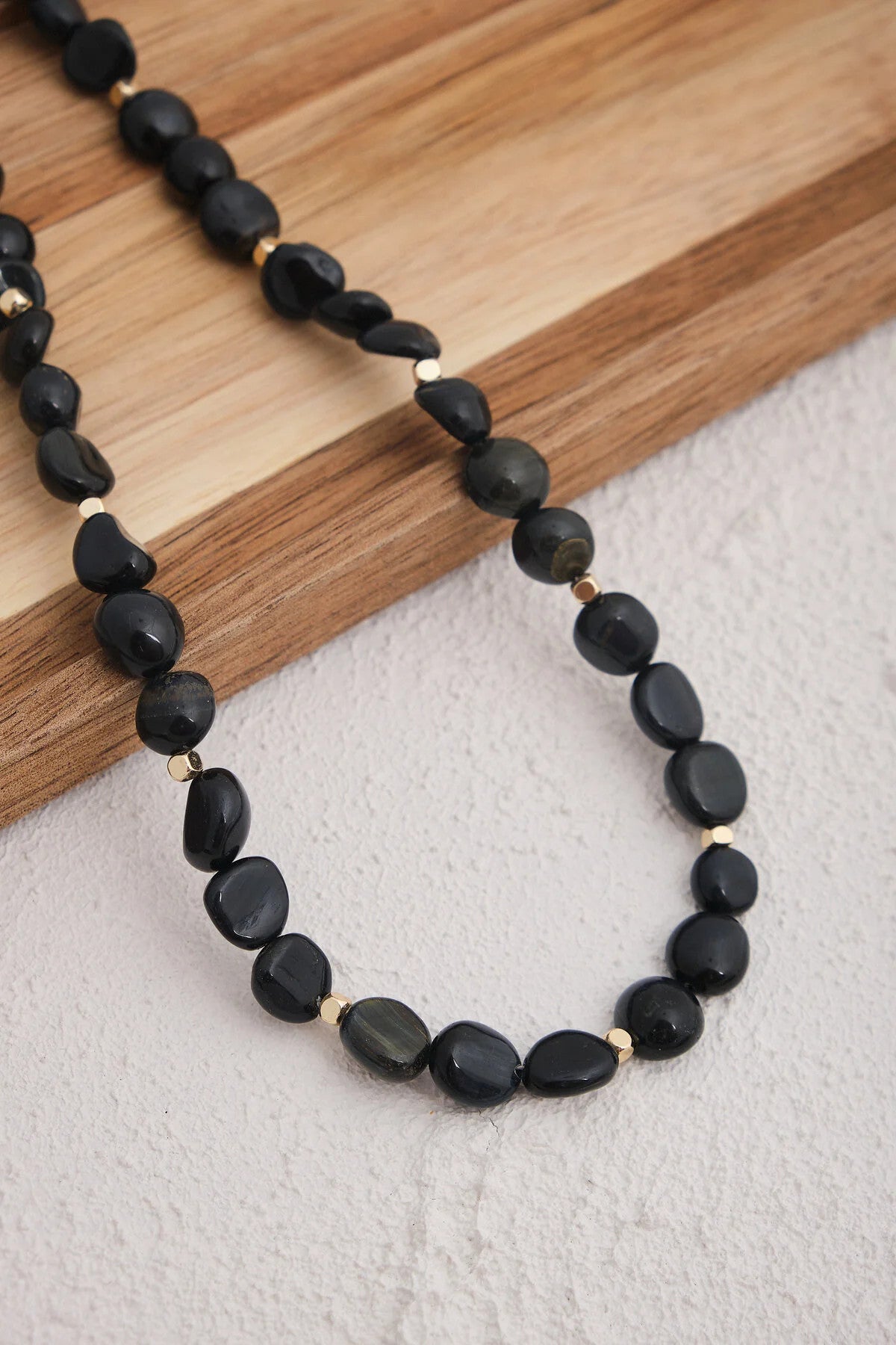 Obsidyen Doğal Taş Kolye 40cm+5cm El İşi Özel Yapım Gerçek Obsidyen Siyah Taş