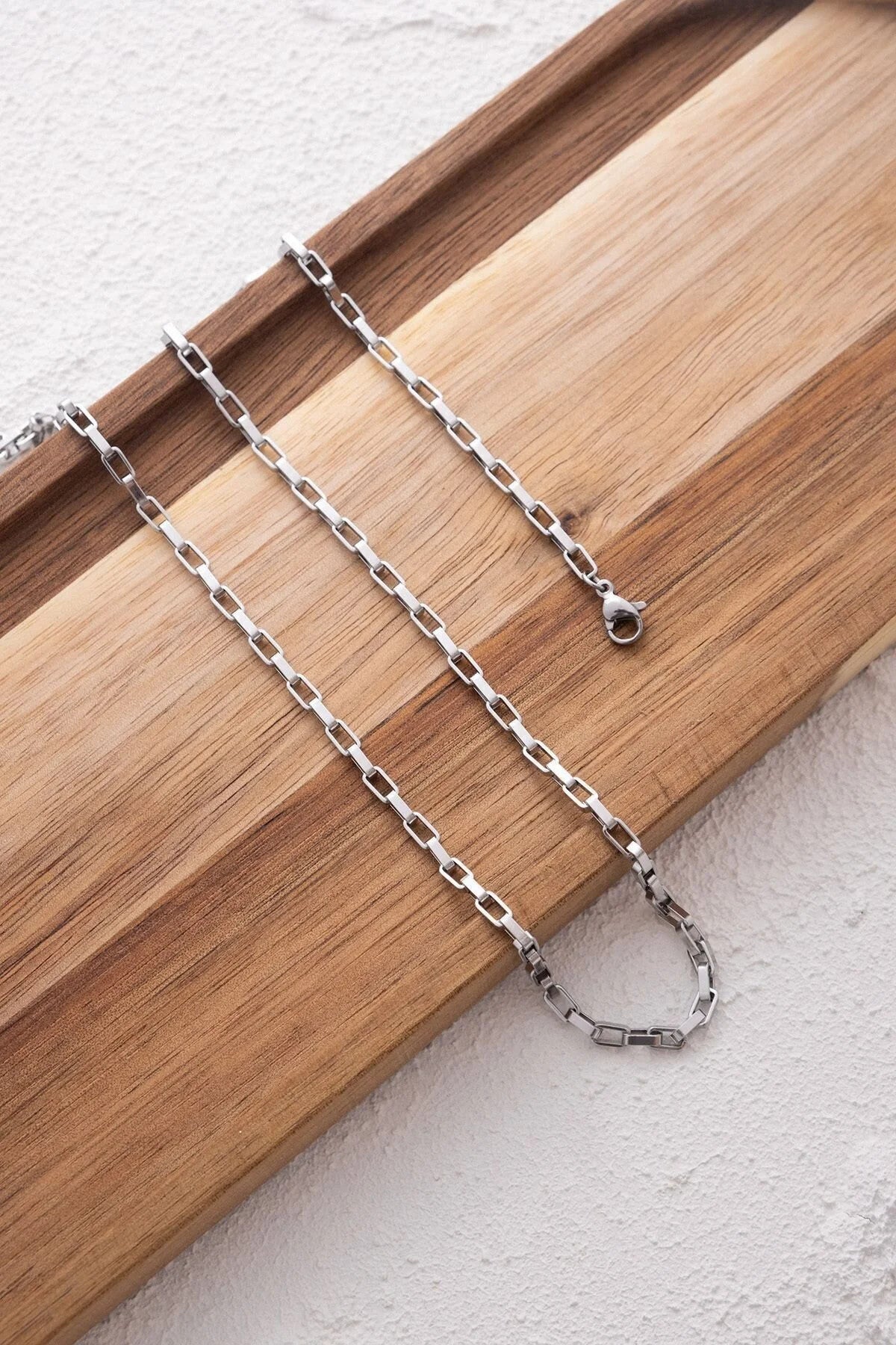 Çelik Dikdörtgen Erkek Zincir Kolye 3mm Kararmaz