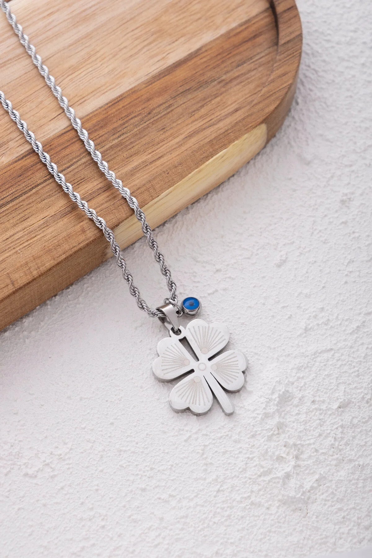 Çelik Yonca Kolye Nazar Boncuklu Dört Yapraklı Yonca Arkadaşa Dosta Hediye 60cm