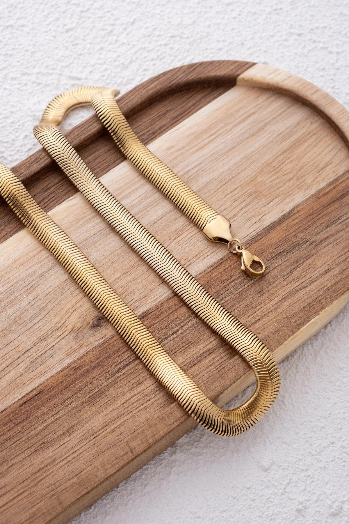 Çelik Kalın Yılan Kolye Balık Sırtı Yassı Zincir Kolye 5 mm Kararmaz 40cm+6cm